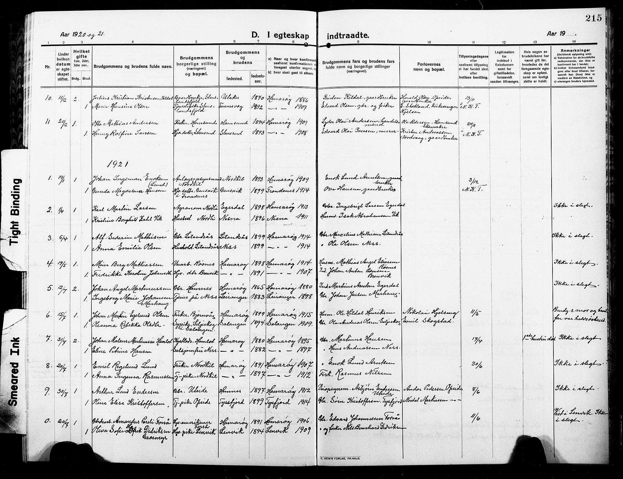 Ministerialprotokoller, klokkerbøker og fødselsregistre - Nordland, AV/SAT-A-1459/859/L0861: Klokkerbok nr. 859C07, 1910-1925, s. 215