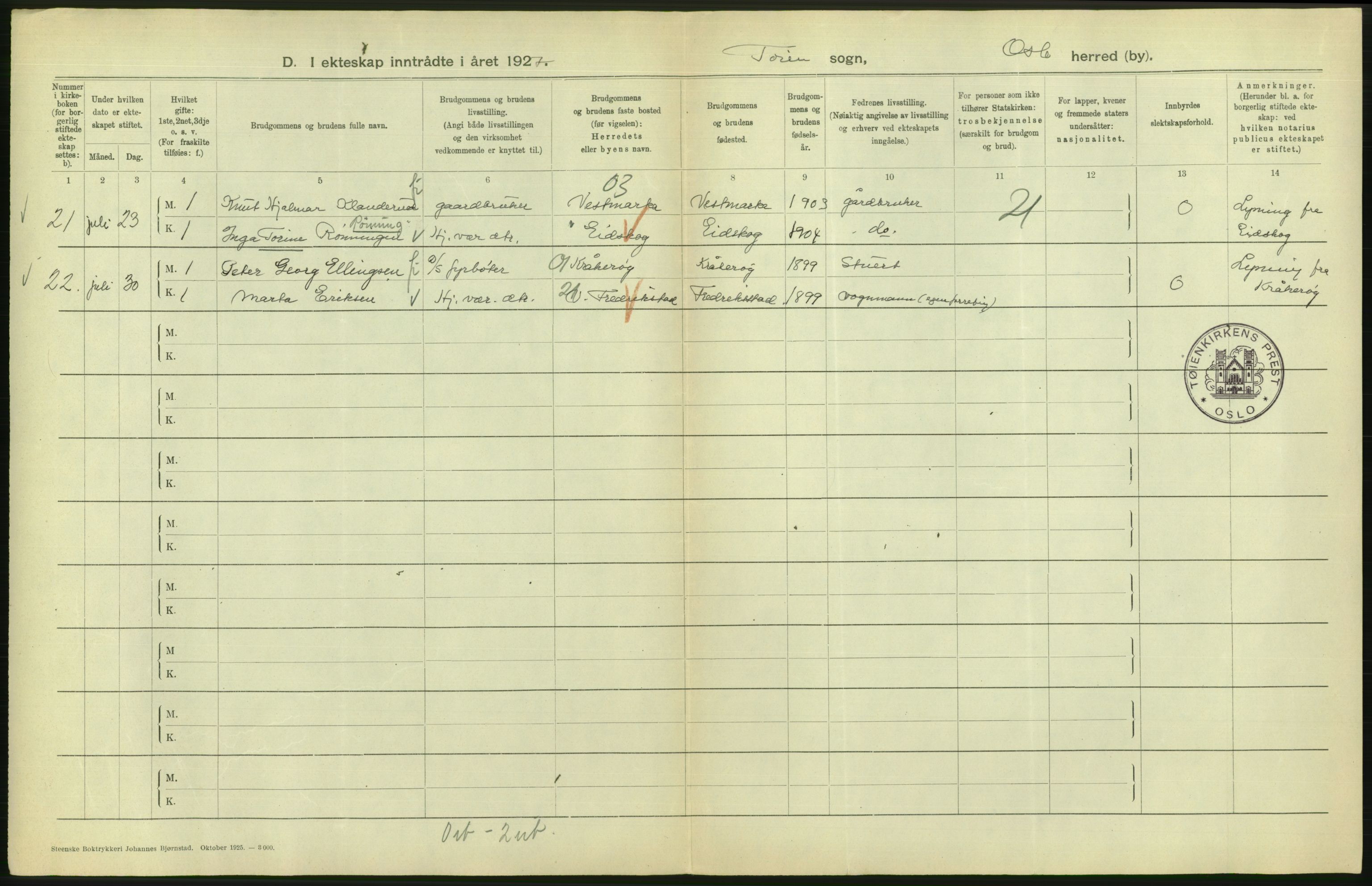 Statistisk sentralbyrå, Sosiodemografiske emner, Befolkning, AV/RA-S-2228/D/Df/Dfc/Dfcg/L0008: Oslo: Gifte, 1927, s. 706