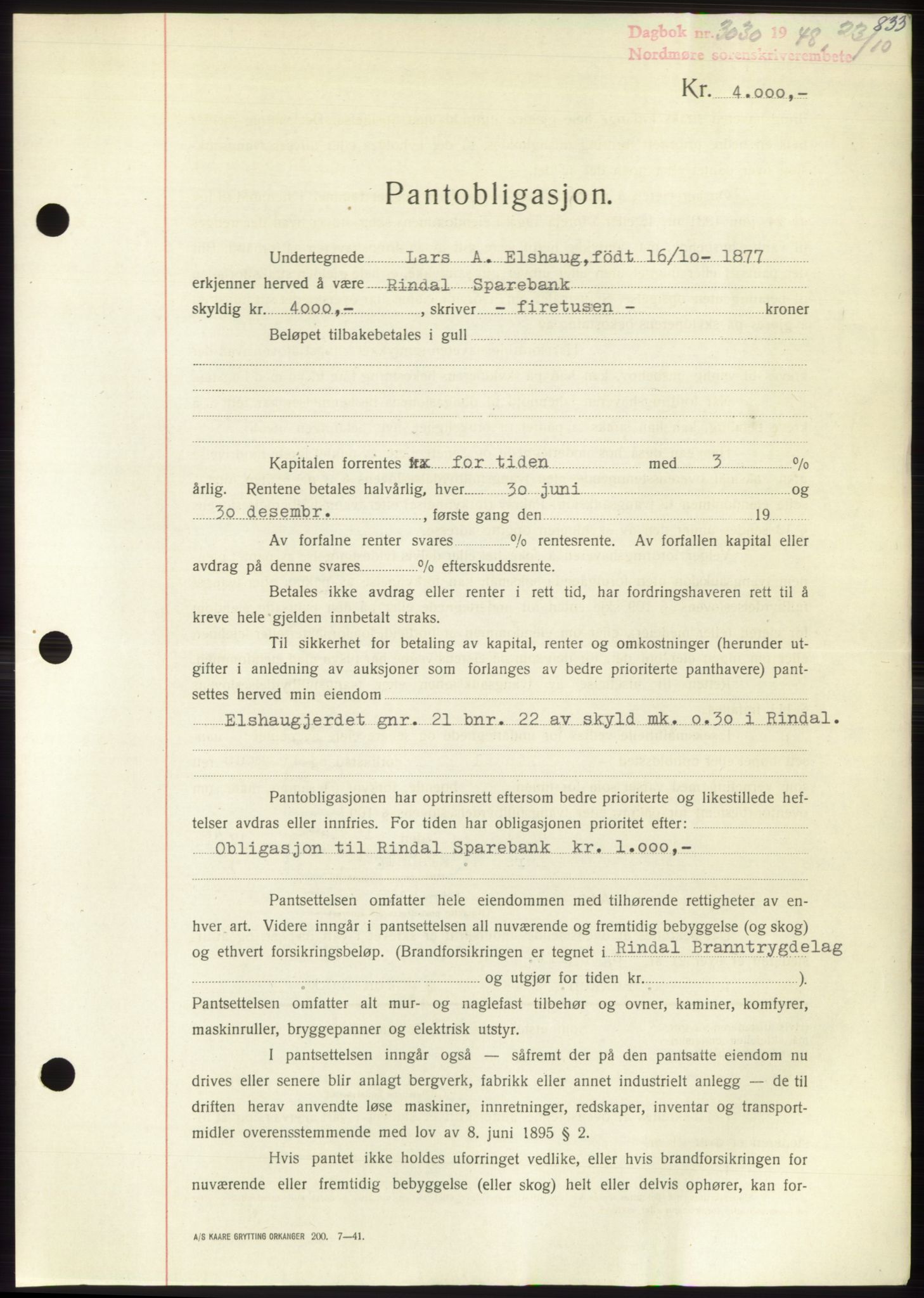 Nordmøre sorenskriveri, AV/SAT-A-4132/1/2/2Ca: Pantebok nr. B99, 1948-1948, Dagboknr: 3030/1948