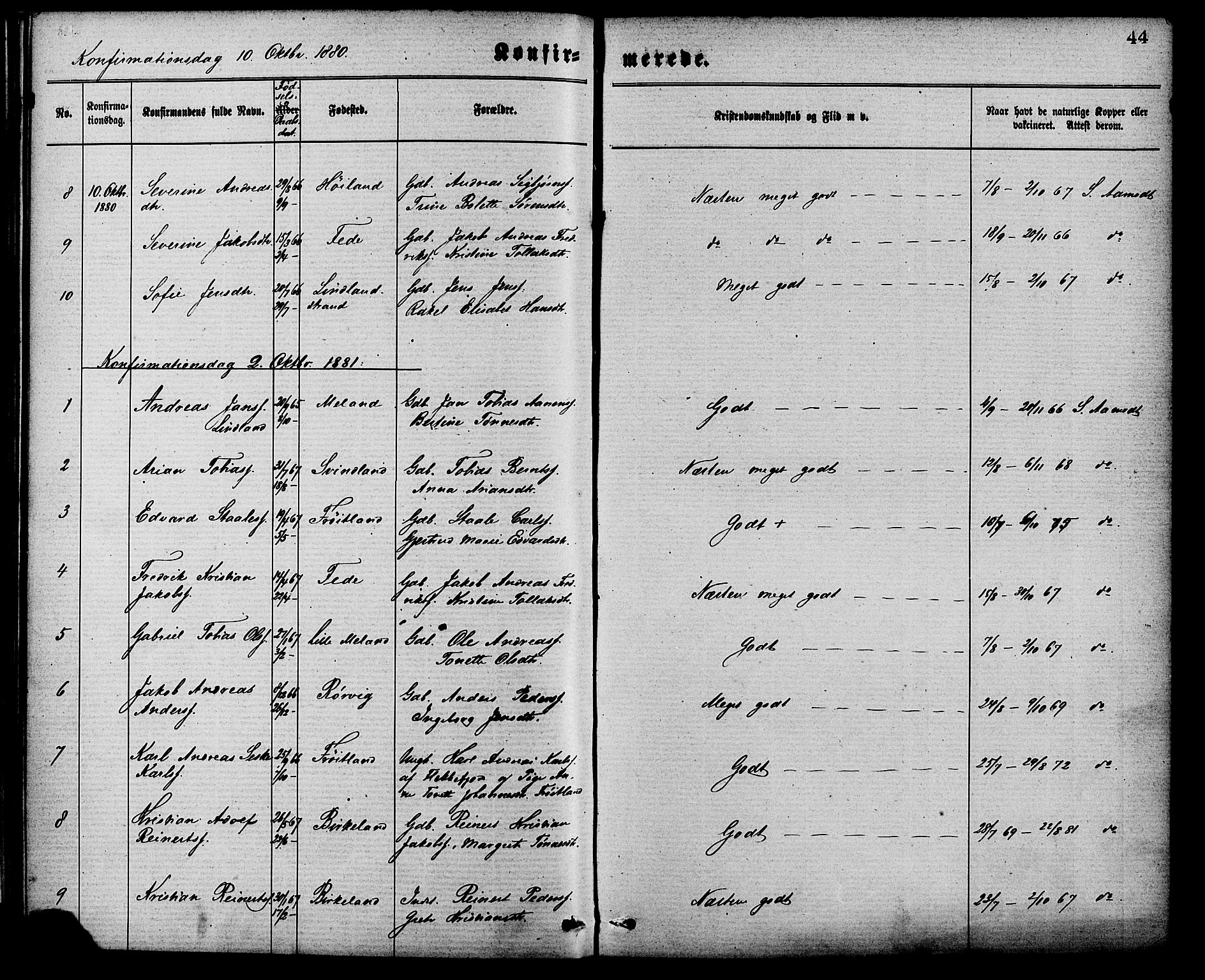 Kvinesdal sokneprestkontor, SAK/1111-0026/F/Fa/Faa/L0003: Ministerialbok nr. A 3, 1877-1882, s. 44