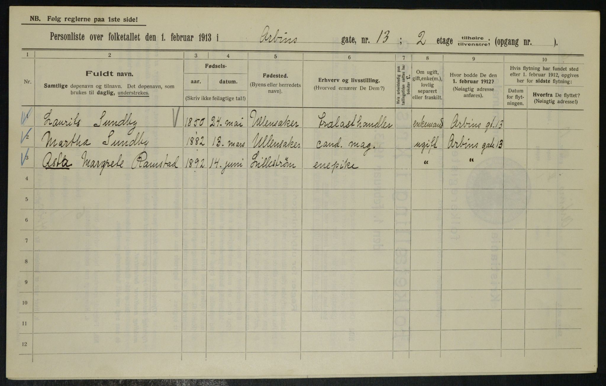 OBA, Kommunal folketelling 1.2.1913 for Kristiania, 1913, s. 1610