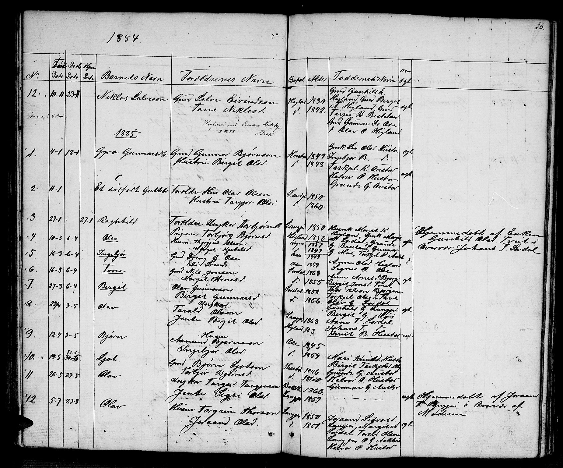 Bygland sokneprestkontor, AV/SAK-1111-0006/F/Fb/Fba/L0001: Klokkerbok nr. B 1, 1848-1886, s. 56