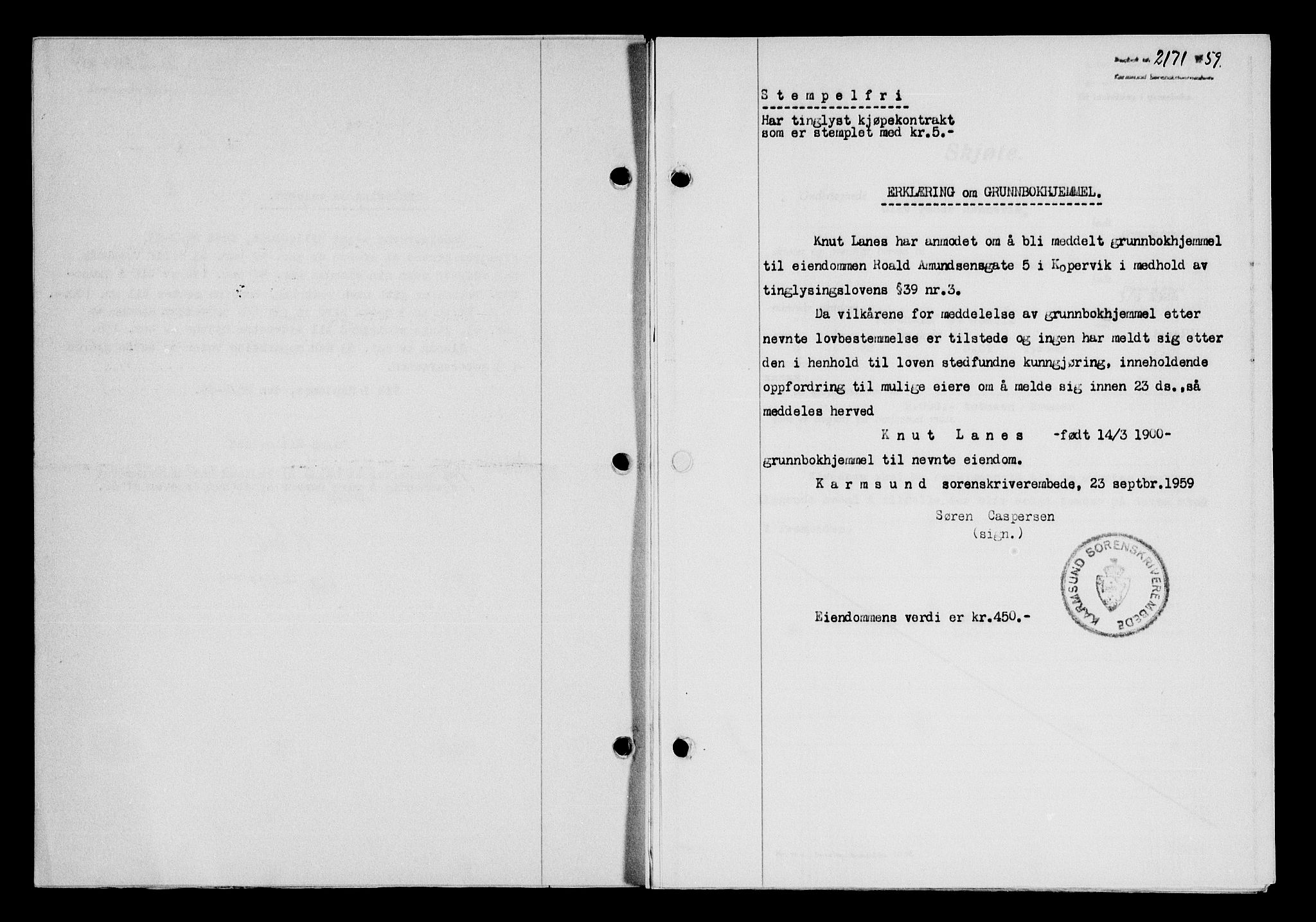 Karmsund sorenskriveri, SAST/A-100311/01/II/IIB/L0132: Pantebok nr. 112A, 1959-1959, Dagboknr: 2171/1959
