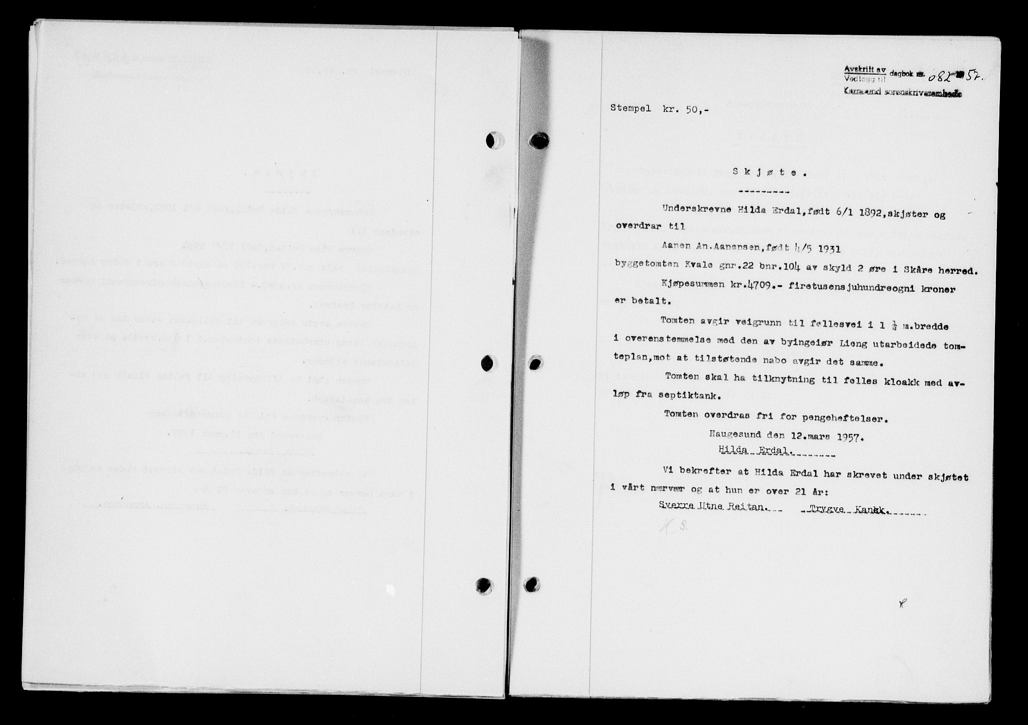 Karmsund sorenskriveri, SAST/A-100311/01/II/IIB/L0124: Pantebok nr. 104A, 1957-1957, Dagboknr: 682/1957