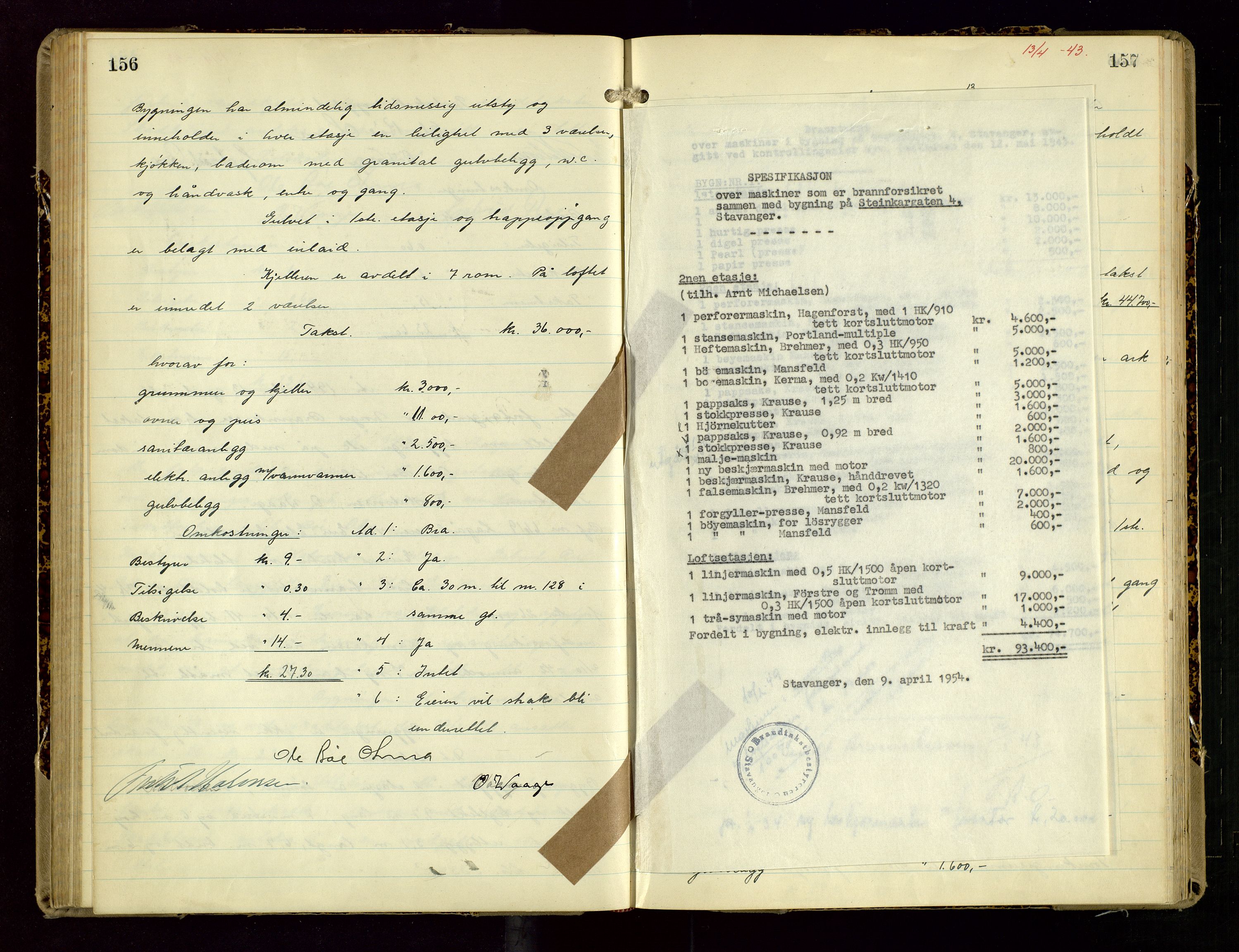 Norges Brannkasse Stavanger, AV/SAST-A-102143/F/Fd/L0028: Branntaksprotokoll nr. 39, 1942-1943, s. 156-157