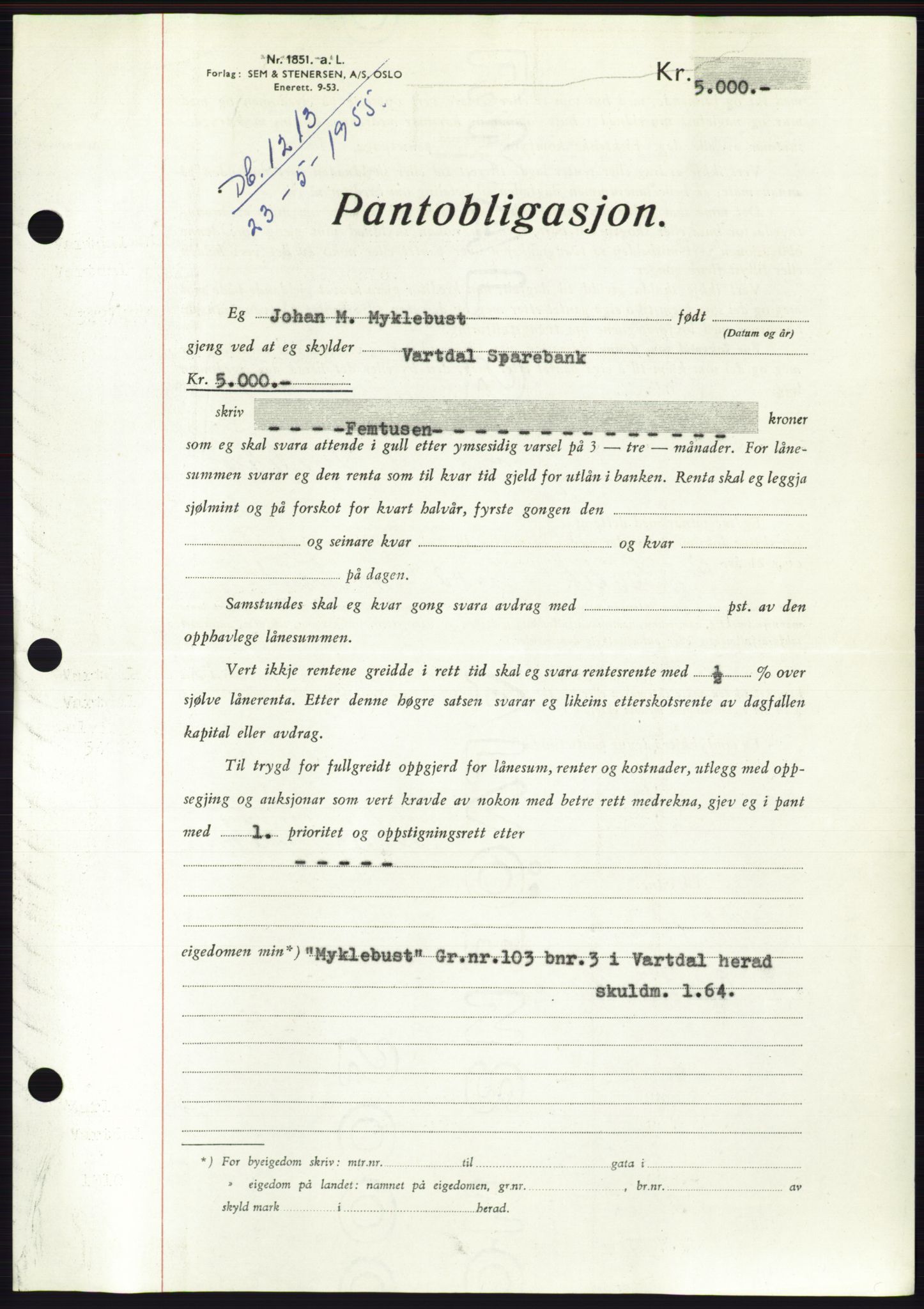 Søre Sunnmøre sorenskriveri, AV/SAT-A-4122/1/2/2C/L0126: Pantebok nr. 14B, 1954-1955, Dagboknr: 1213/1955
