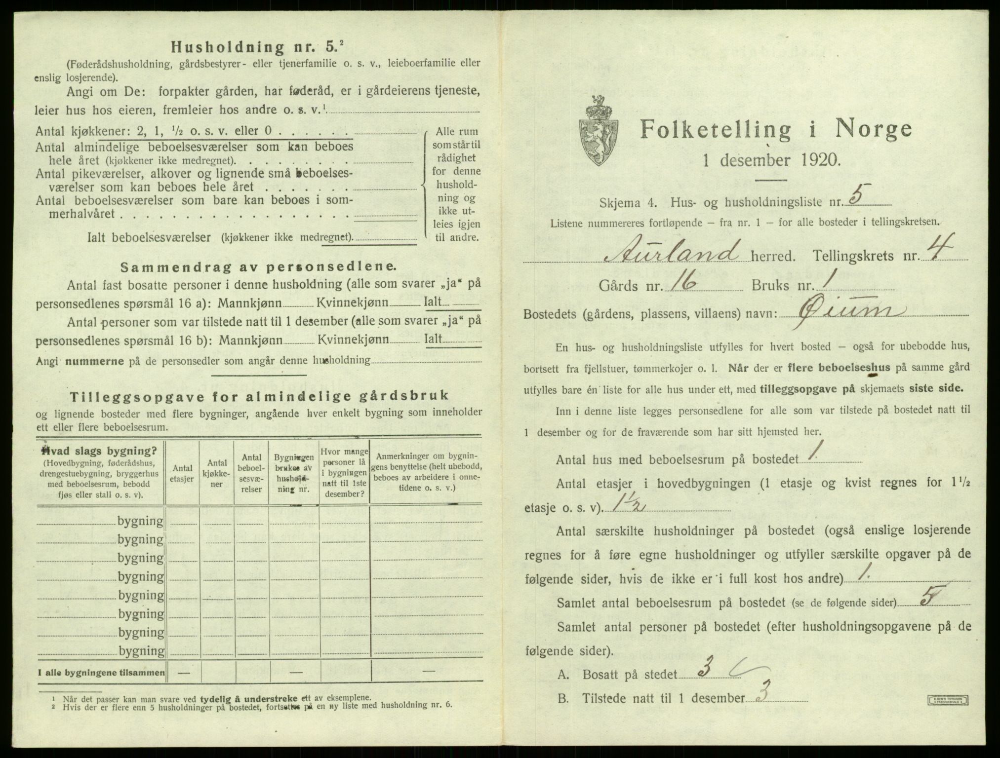 SAB, Folketelling 1920 for 1421 Aurland herred, 1920, s. 334