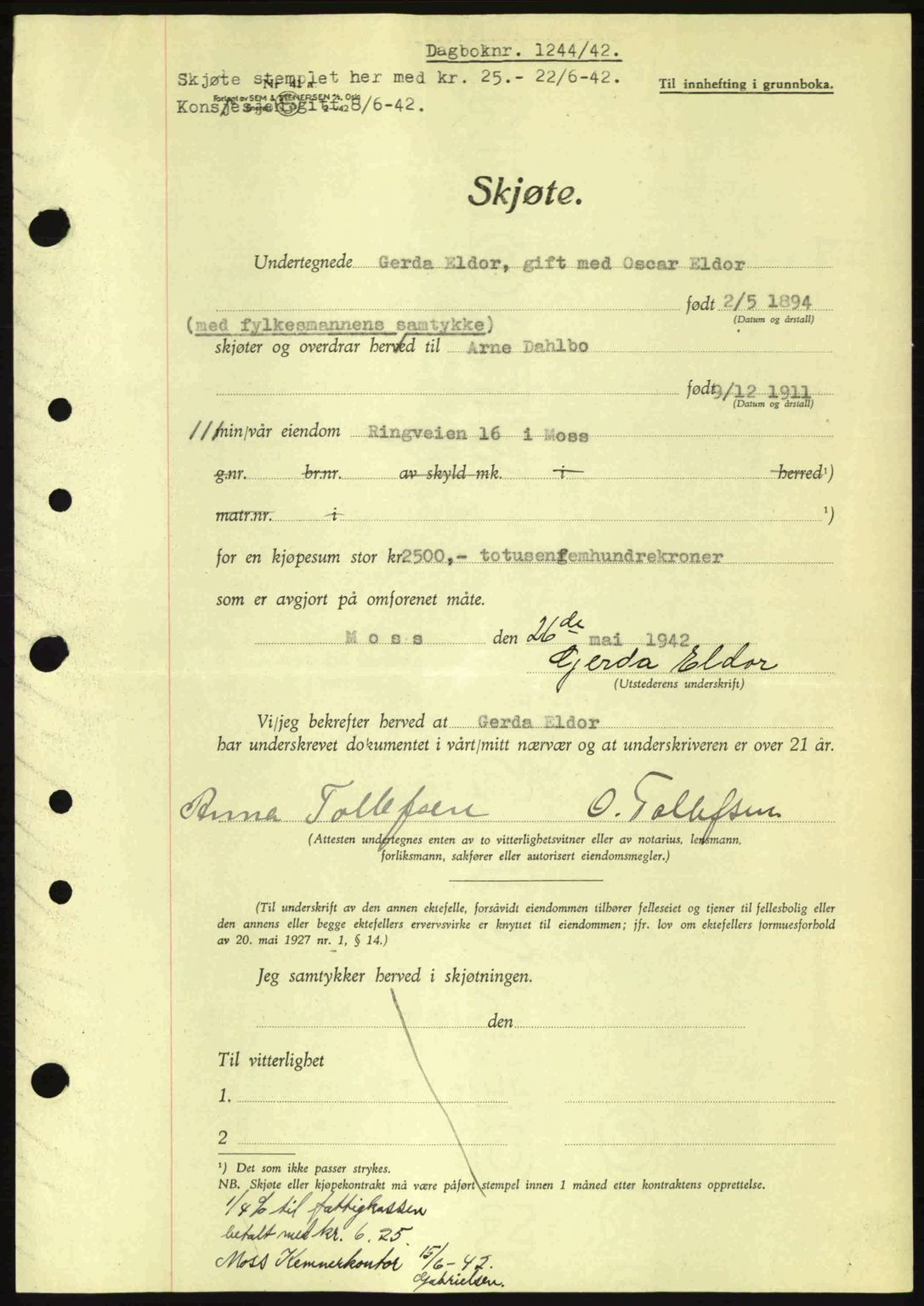 Moss sorenskriveri, SAO/A-10168: Pantebok nr. A9, 1941-1942, Dagboknr: 1244/1942