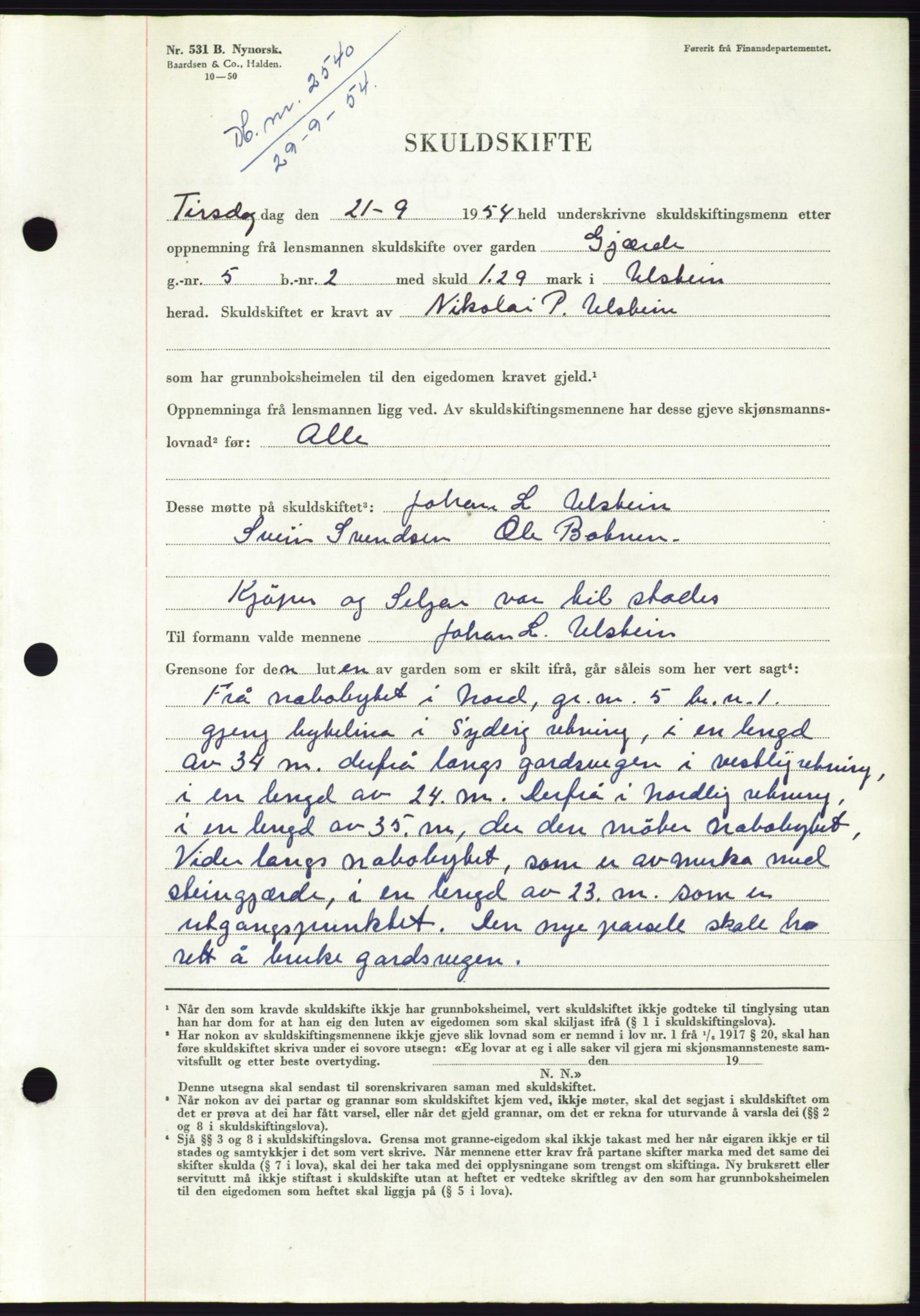 Søre Sunnmøre sorenskriveri, AV/SAT-A-4122/1/2/2C/L0099: Pantebok nr. 25A, 1954-1954, Dagboknr: 2540/1954