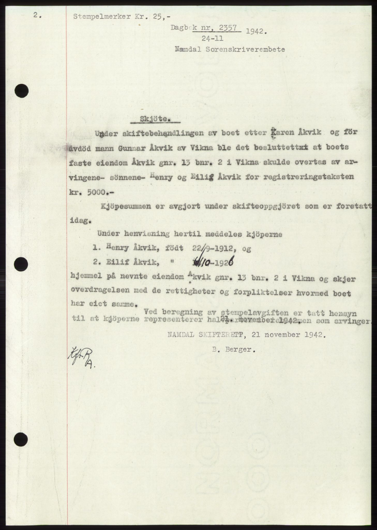 Namdal sorenskriveri, SAT/A-4133/1/2/2C: Pantebok nr. -, 1942-1943, Dagboknr: 2357/1942