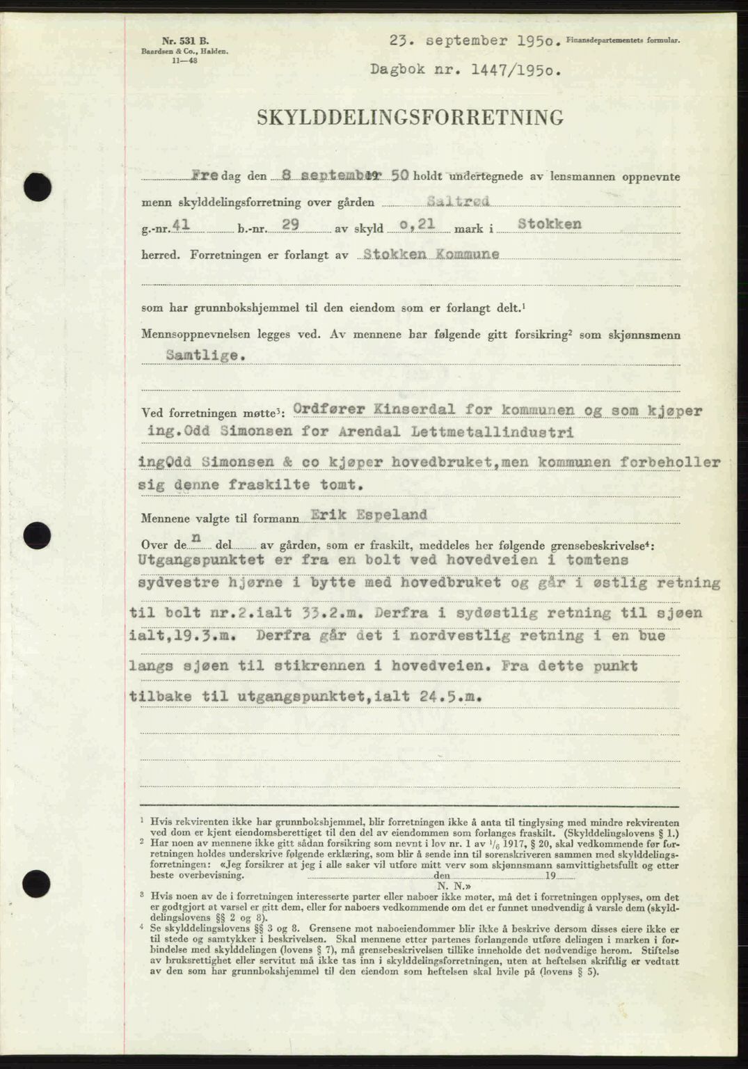Nedenes sorenskriveri, SAK/1221-0006/G/Gb/Gba/L0063: Pantebok nr. A15, 1950-1950, Dagboknr: 1447/1950