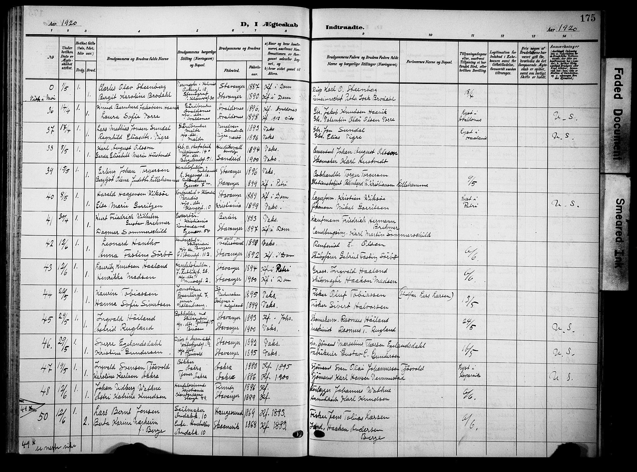 Domkirken sokneprestkontor, AV/SAST-A-101812/001/30/30BB/L0017: Klokkerbok nr. B 17, 1902-1921, s. 175