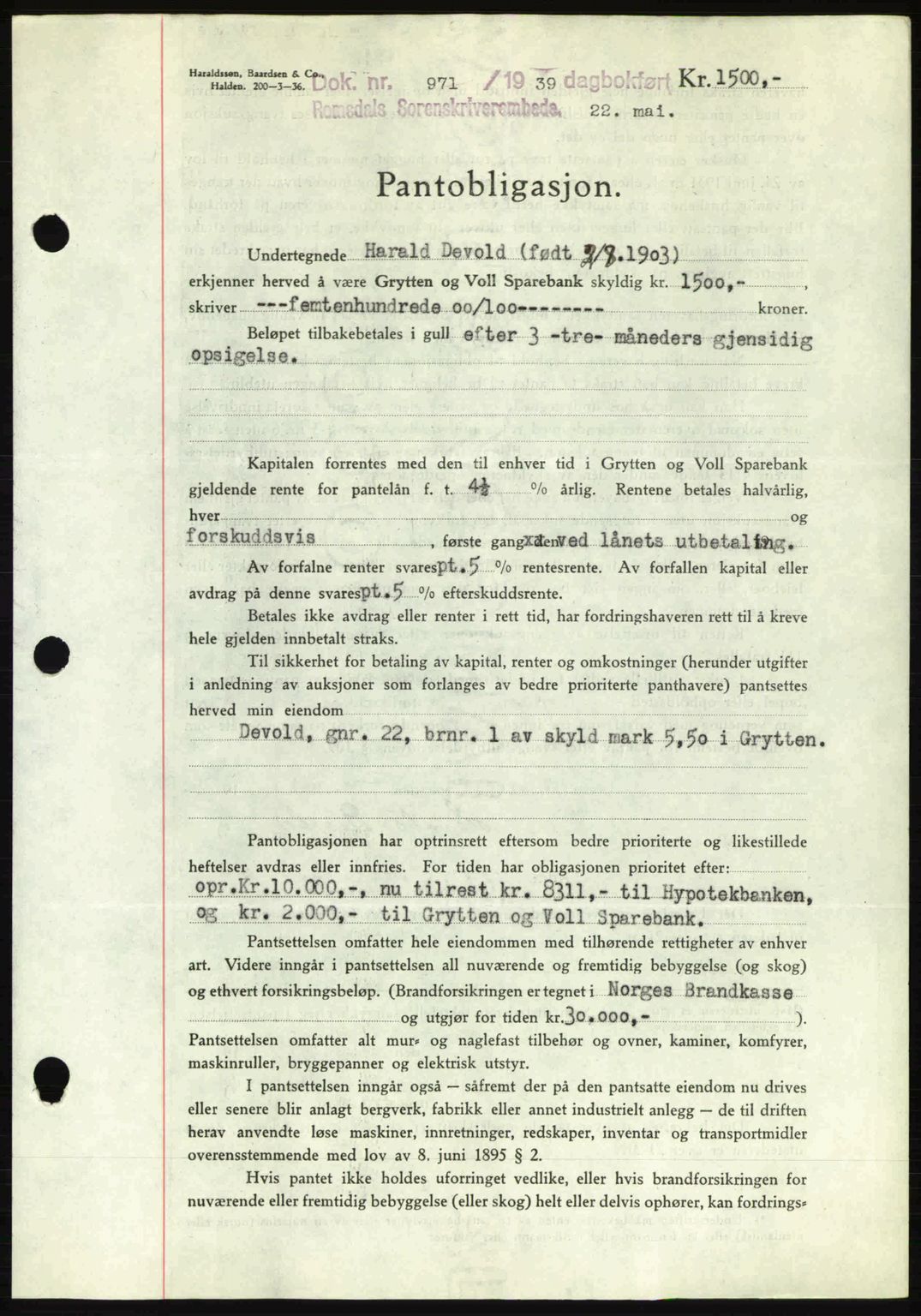 Romsdal sorenskriveri, SAT/A-4149/1/2/2C: Pantebok nr. B1, 1936-1939, Dagboknr: 971/1939