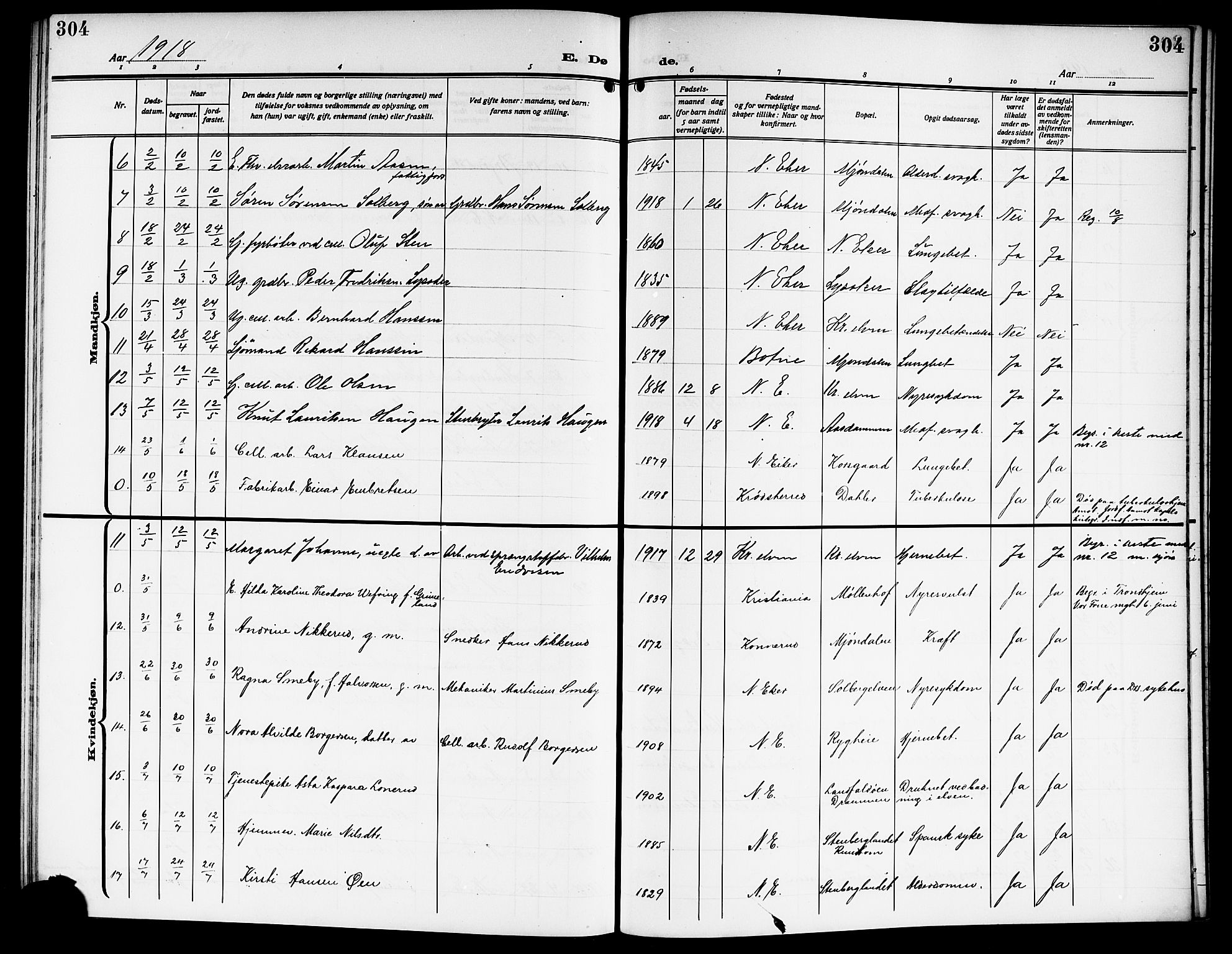 Nedre Eiker kirkebøker, AV/SAKO-A-612/G/Ga/L0005: Klokkerbok nr. 5, 1913-1921, s. 304