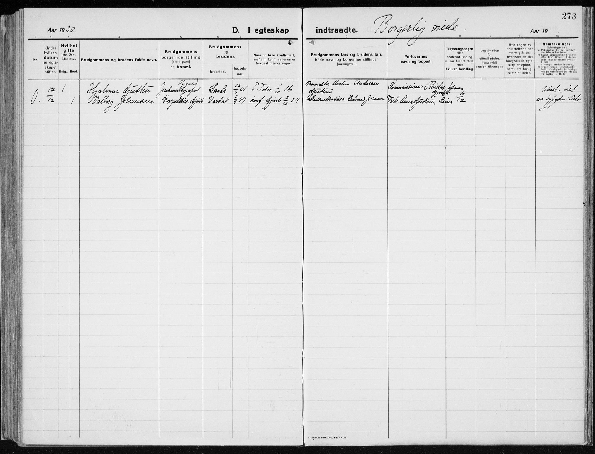 Vardal prestekontor, AV/SAH-PREST-100/H/Ha/Haa/L0015: Ministerialbok nr. 15, 1923-1937, s. 273