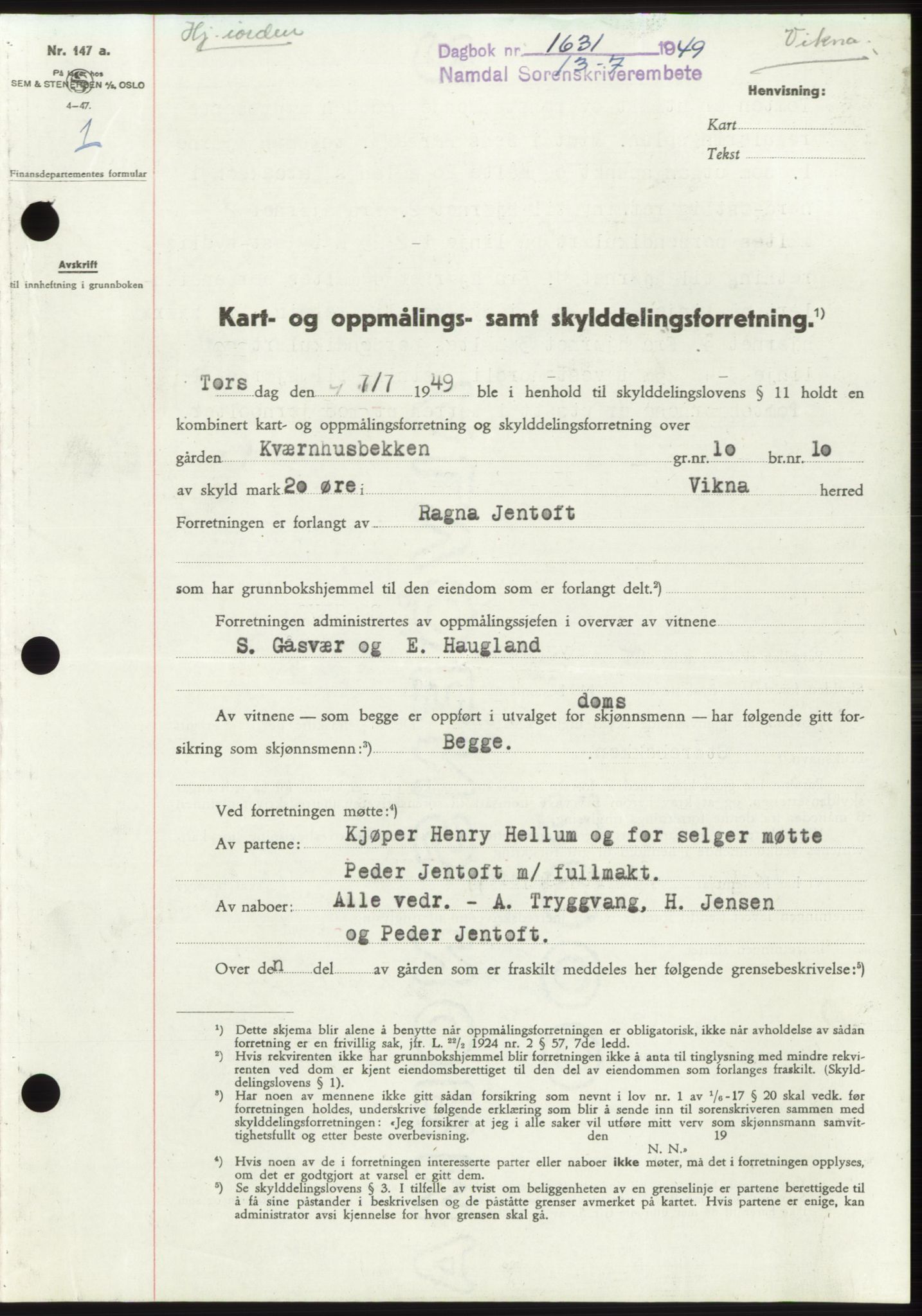 Namdal sorenskriveri, SAT/A-4133/1/2/2C: Pantebok nr. -, 1949-1949, Dagboknr: 1631/1949