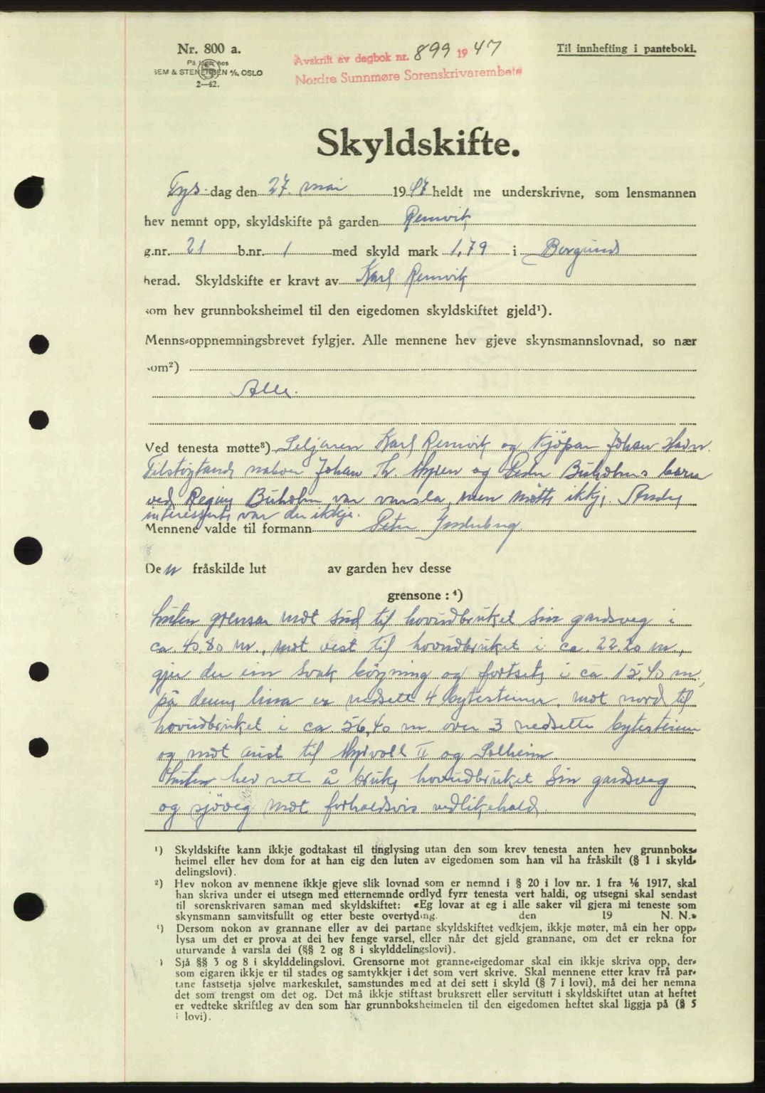 Nordre Sunnmøre sorenskriveri, SAT/A-0006/1/2/2C/2Ca: Pantebok nr. A24, 1947-1947, Dagboknr: 899/1947