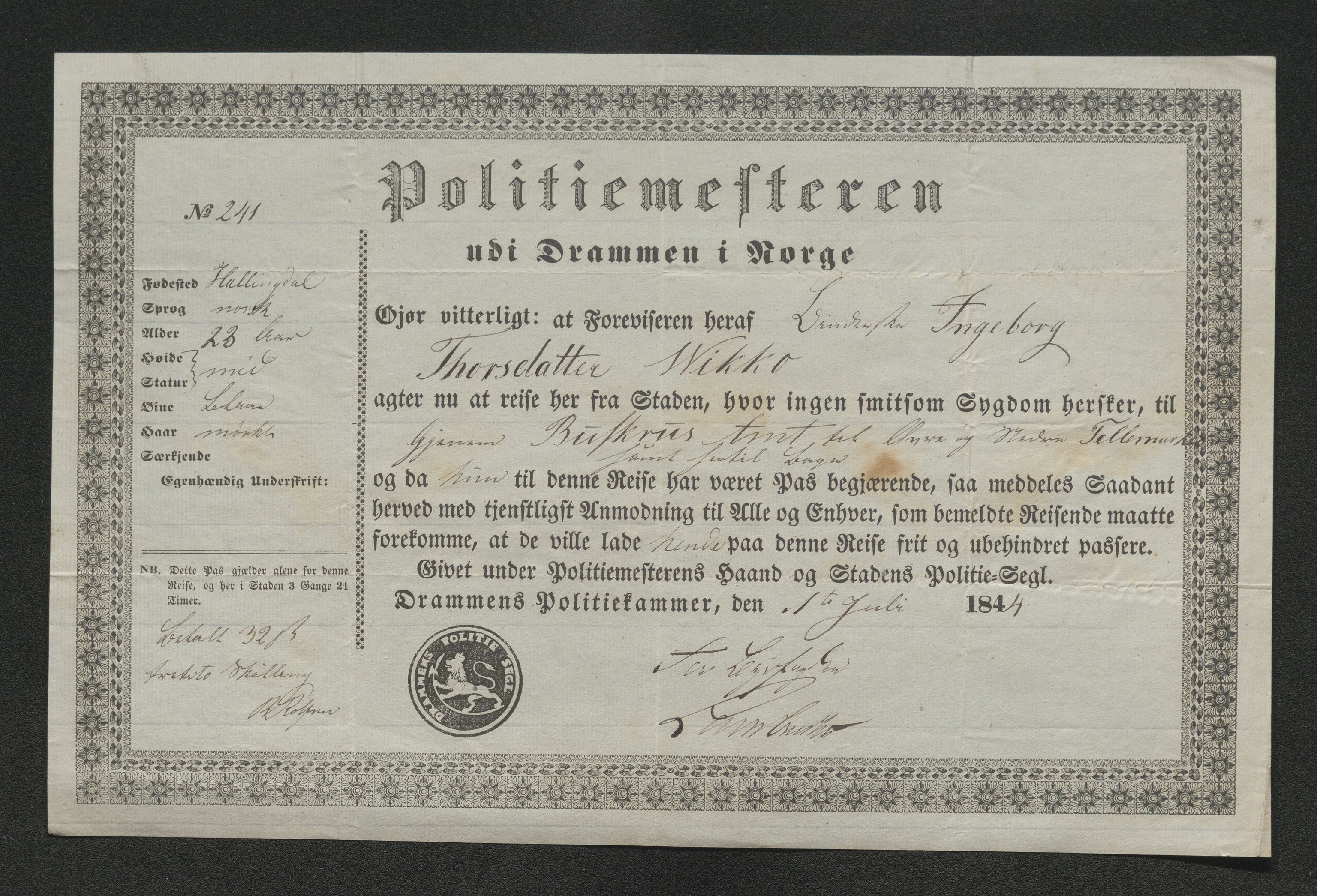 Drammen politikammer, AV/SAKO-A-623/I/Ia/Iab/L0007: Innleverte pass, 1843-1844, s. 567