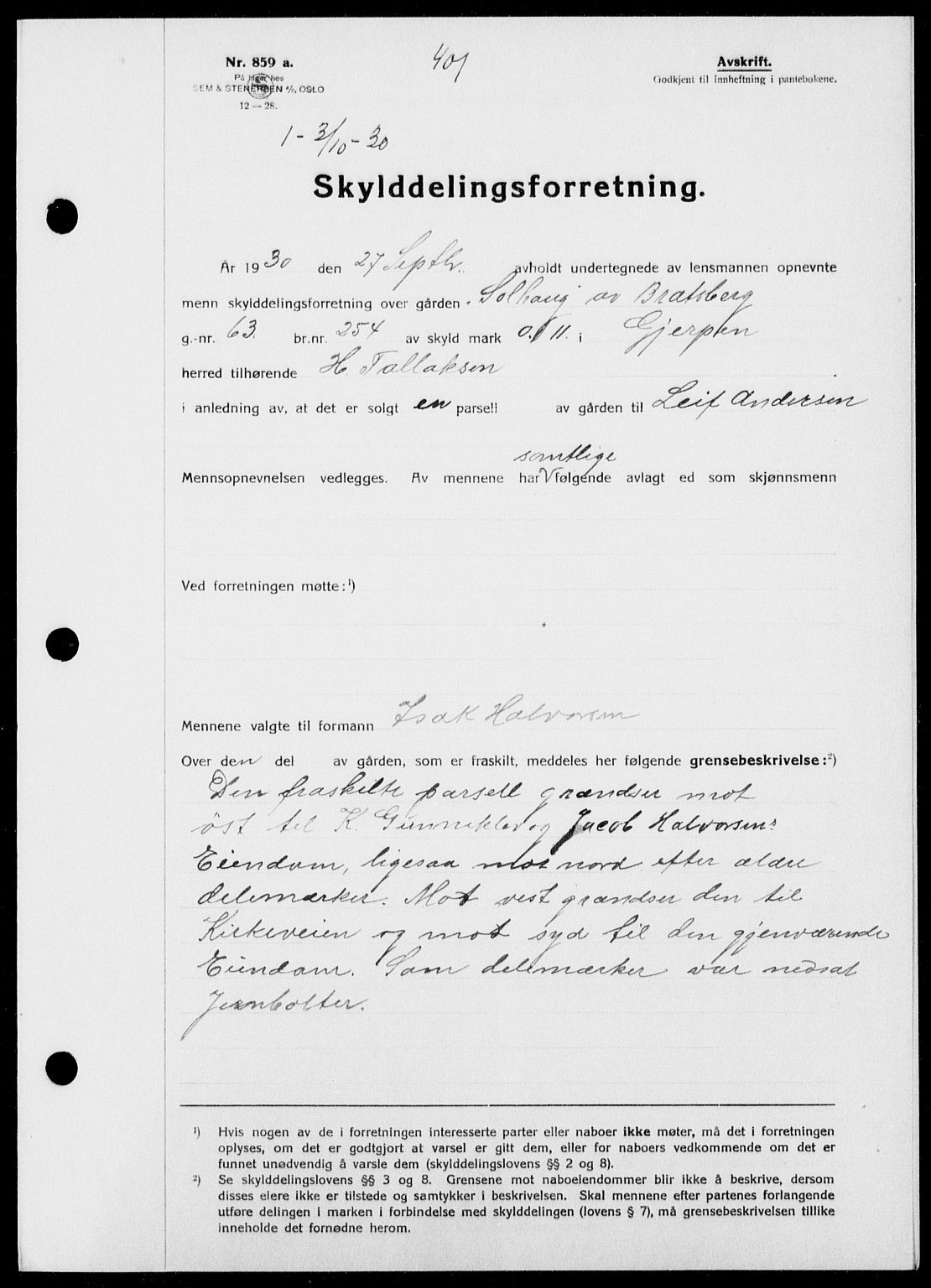 Gjerpen sorenskriveri, SAKO/A-216/G/Ga/Gaa/L0054: Pantebok nr. I 54-56, 1930-1931, s. 401, Tingl.dato: 03.10.1930