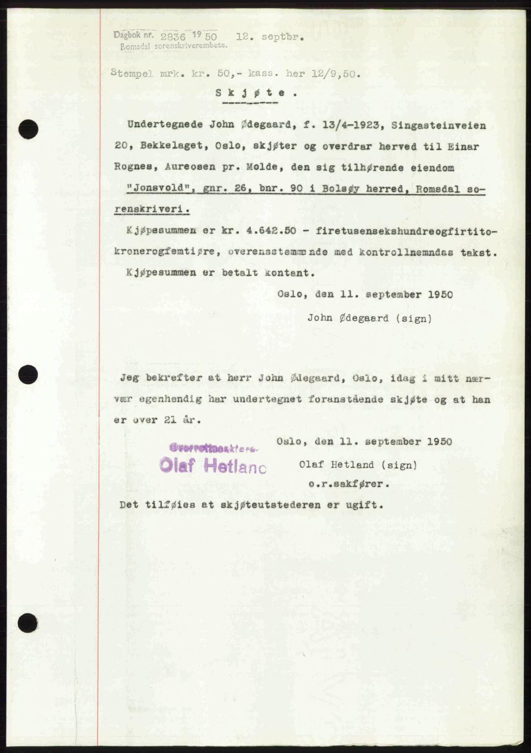 Romsdal sorenskriveri, AV/SAT-A-4149/1/2/2C: Pantebok nr. A34, 1950-1950, Dagboknr: 2836/1950