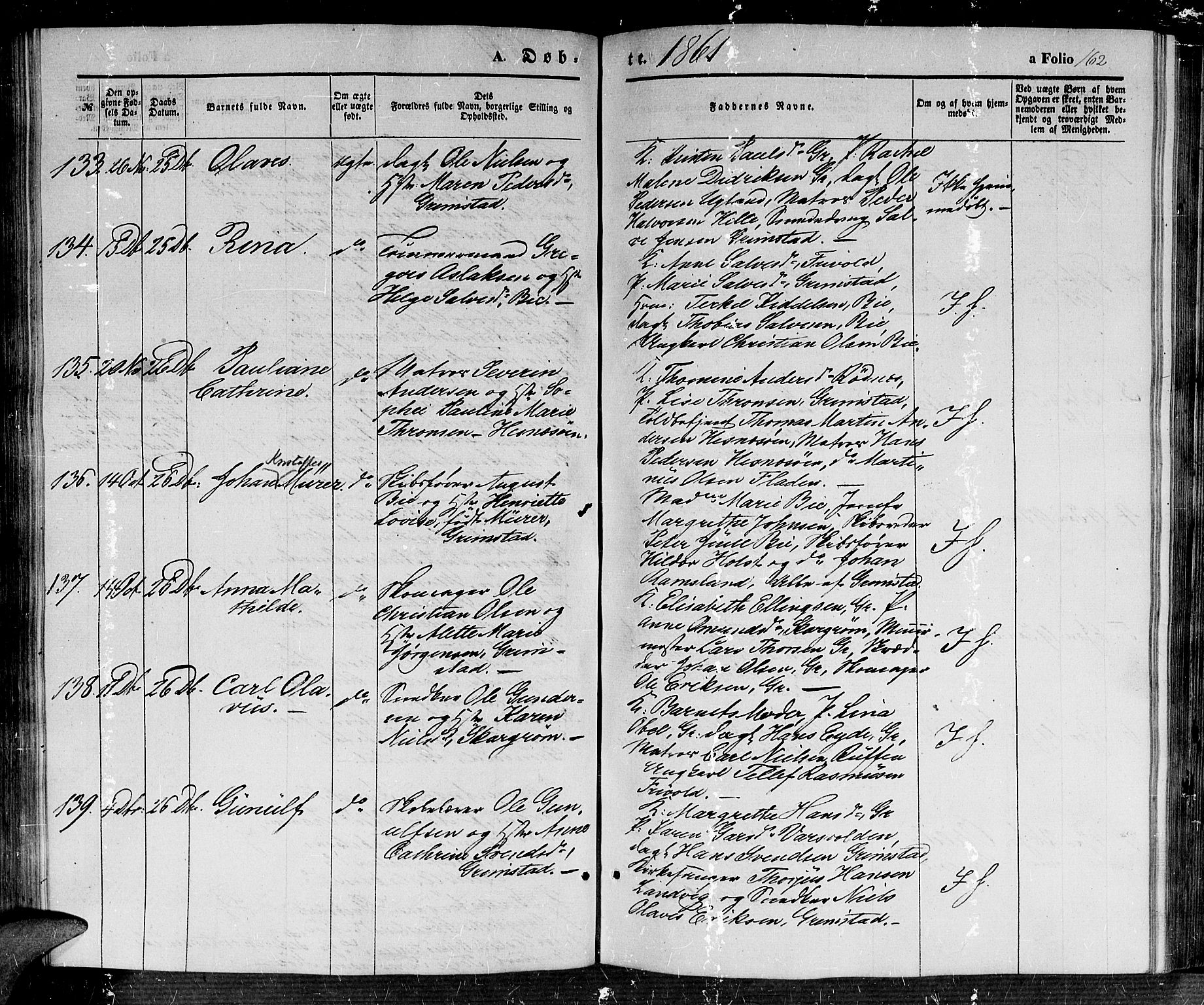 Fjære sokneprestkontor, AV/SAK-1111-0011/F/Fb/L0008: Klokkerbok nr. B 8, 1854-1867, s. 162