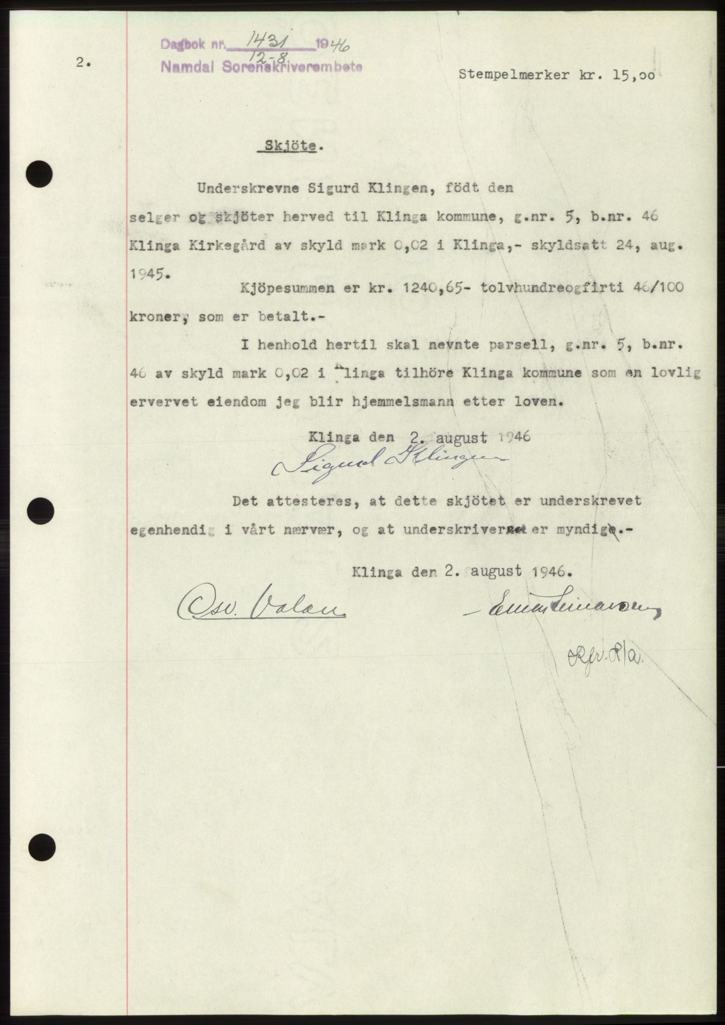 Namdal sorenskriveri, SAT/A-4133/1/2/2C: Pantebok nr. -, 1946-1946, Dagboknr: 1431/1946