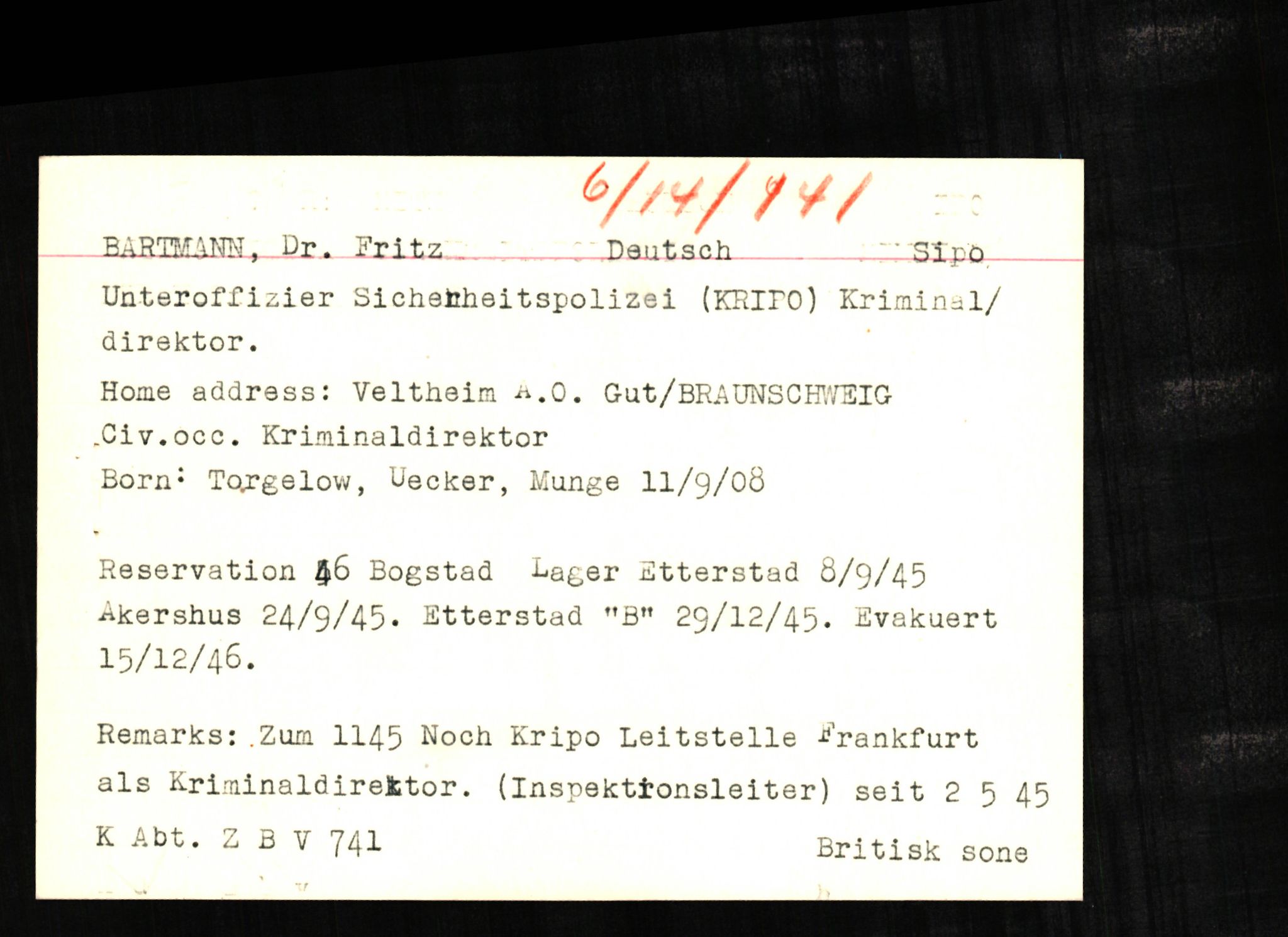 Forsvaret, Forsvarets overkommando II, AV/RA-RAFA-3915/D/Db/L0002: CI Questionaires. Tyske okkupasjonsstyrker i Norge. Tyskere., 1945-1946, s. 163