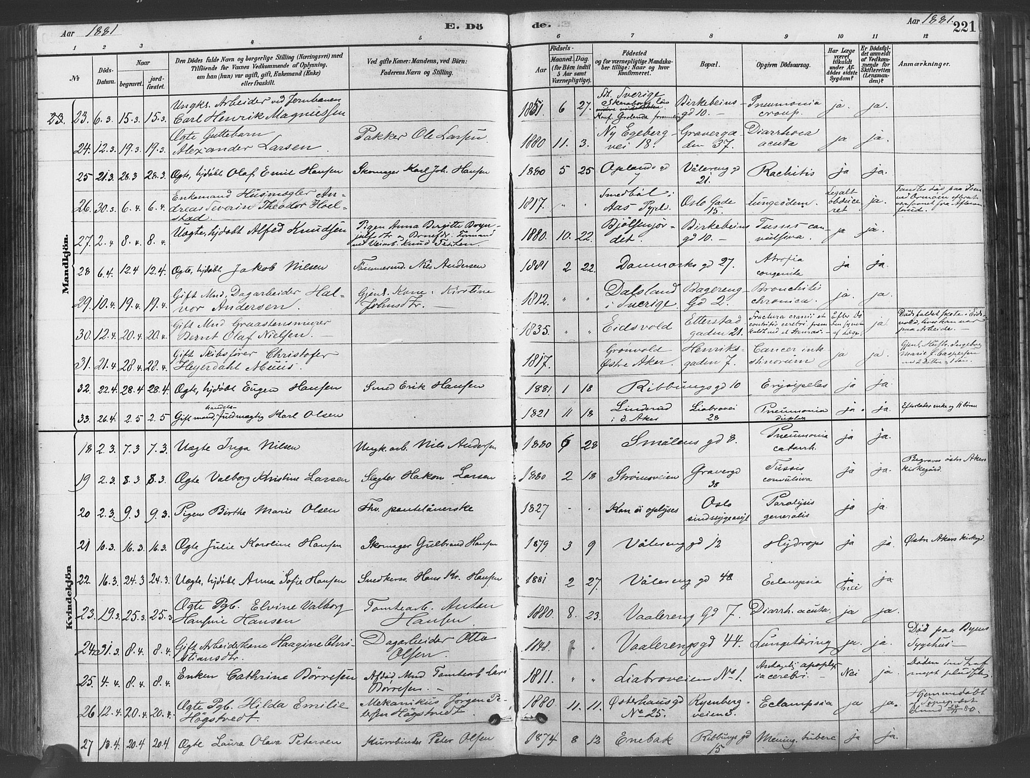 Gamlebyen prestekontor Kirkebøker, AV/SAO-A-10884/F/Fa/L0006: Ministerialbok nr. 6, 1881-1890, s. 221