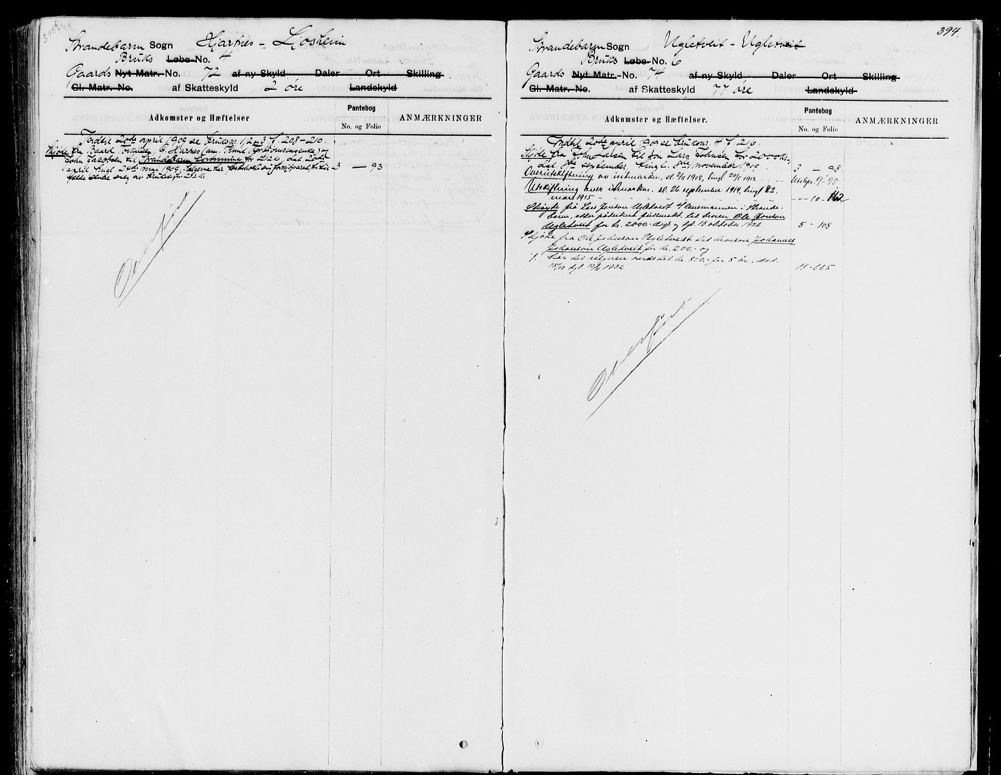 Sunnhordland sorenskrivar, SAB/A-2401/1/G/Ga/Gad/L0004: Panteregister nr. II.A.d.4, 1866-1940, s. 394