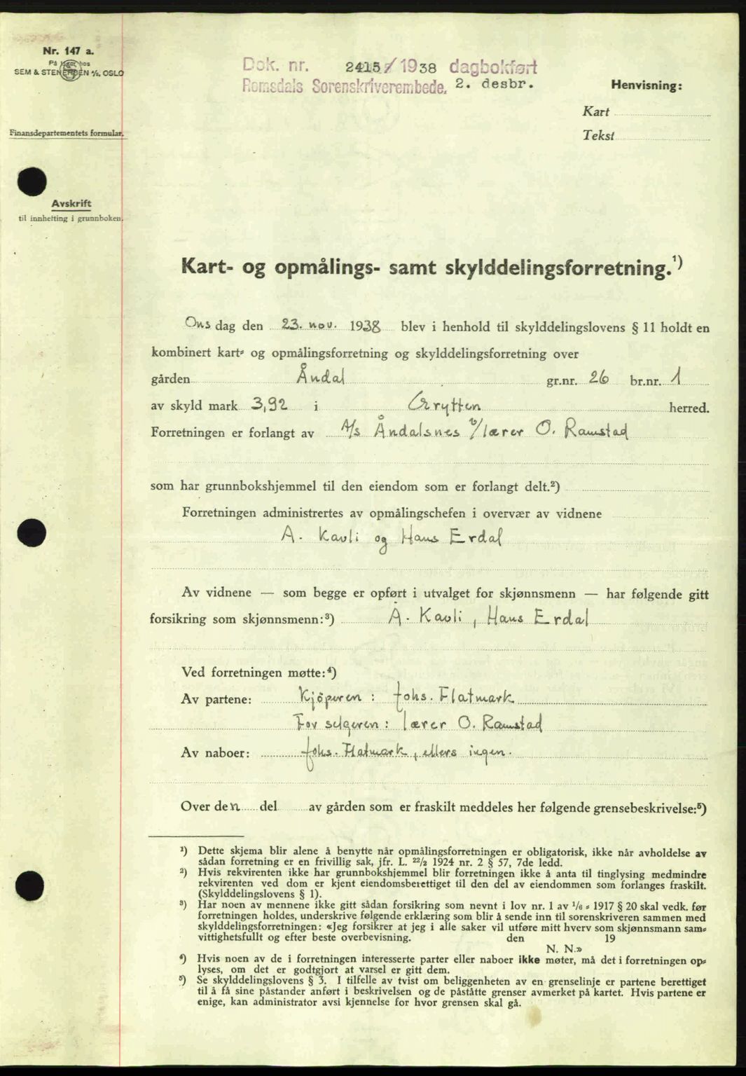 Romsdal sorenskriveri, SAT/A-4149/1/2/2C: Pantebok nr. A6, 1938-1939, Dagboknr: 2415/1938