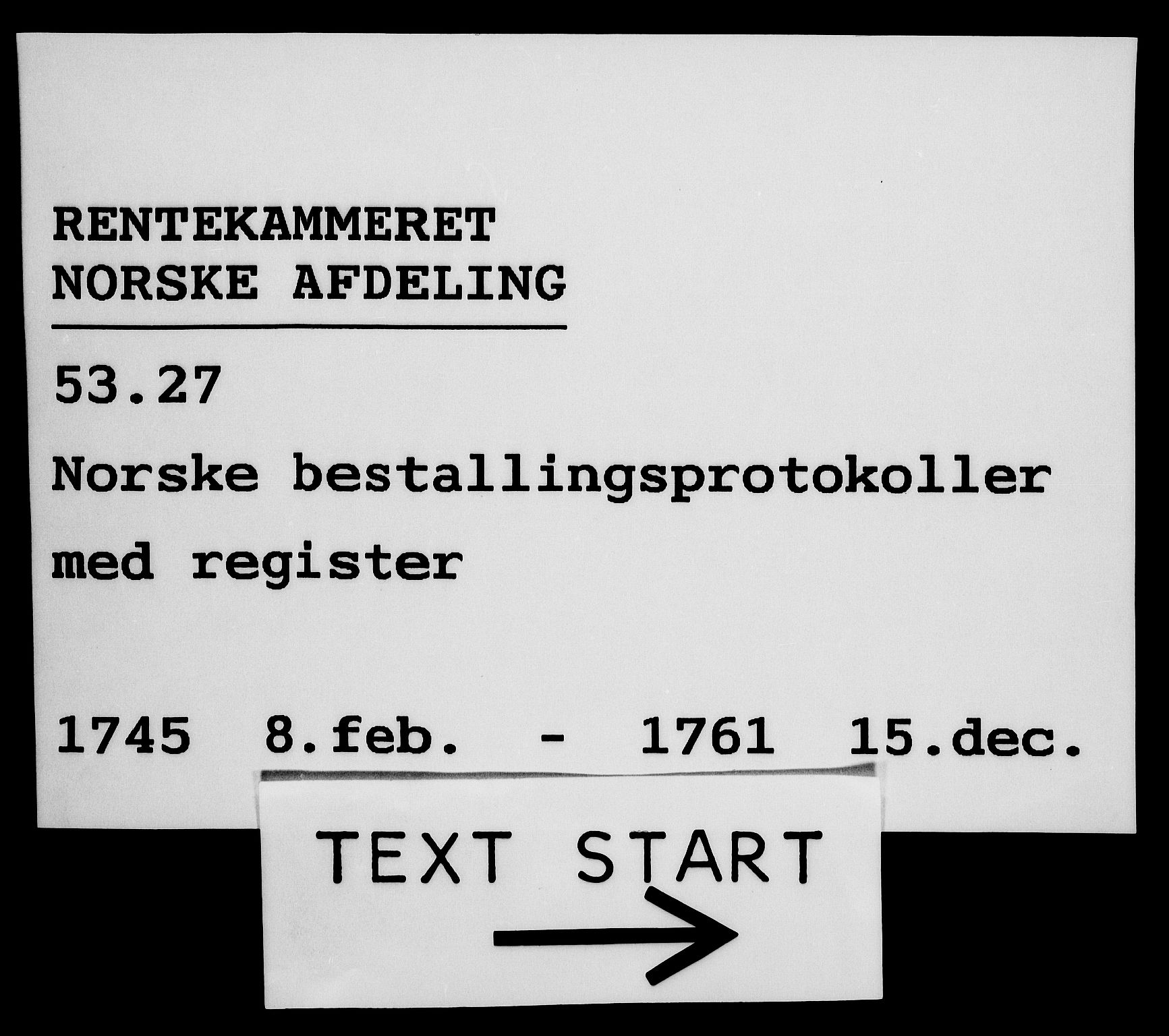 Rentekammeret, Kammerkanselliet, RA/EA-3111/G/Gg/Gge/L0003: Norsk bestallingsprotokoll med register (merket RK 53.27), 1745-1761
