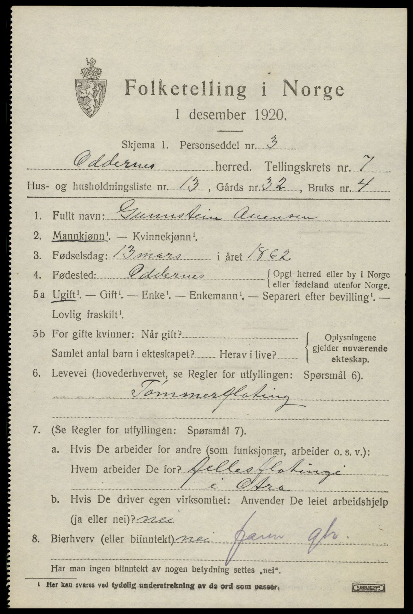 SAK, Folketelling 1920 for 1012 Oddernes herred, 1920, s. 5451