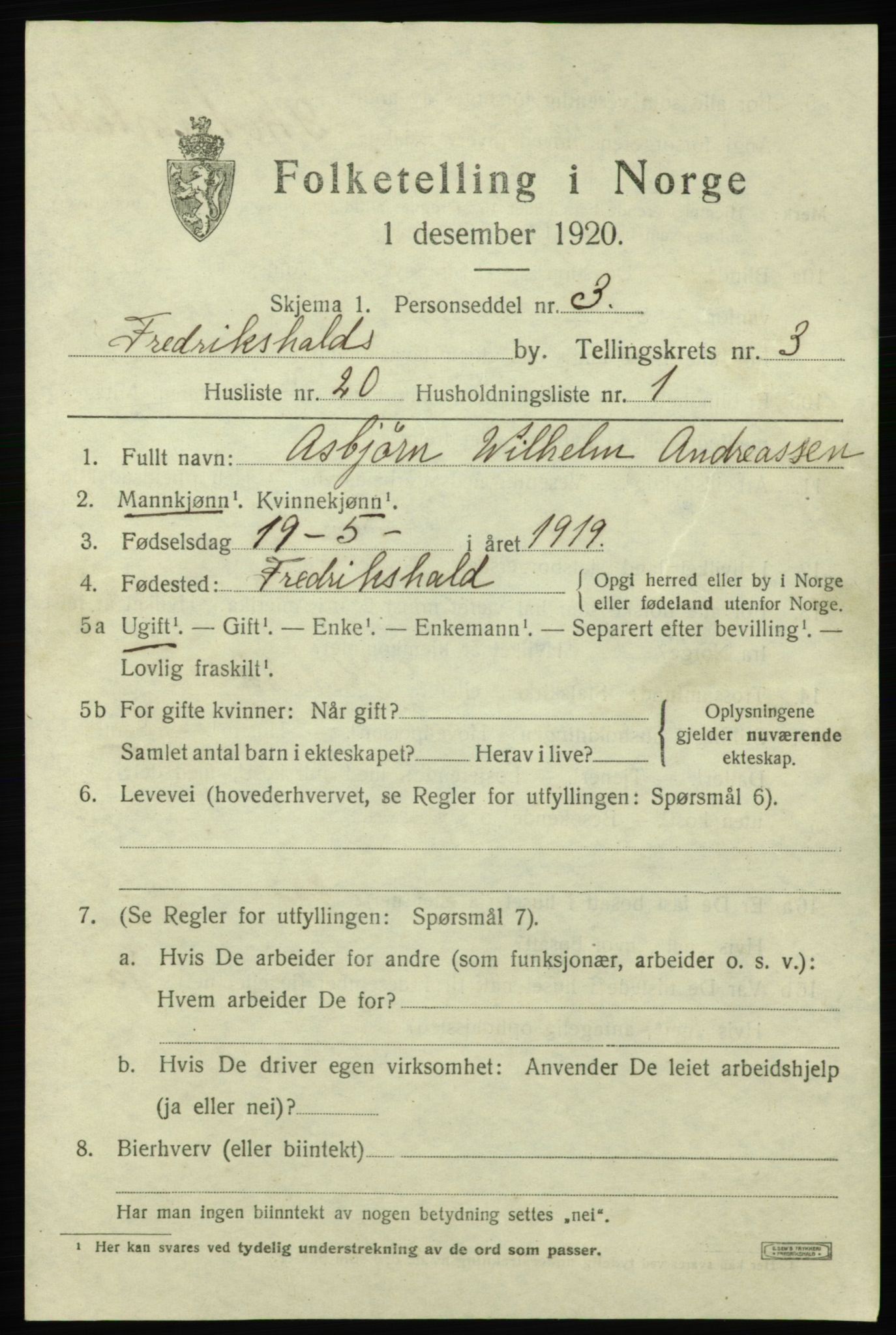 SAO, Folketelling 1920 for 0101 Fredrikshald kjøpstad, 1920, s. 10912