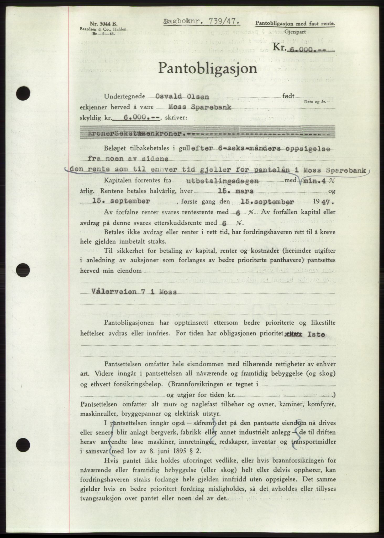 Moss sorenskriveri, SAO/A-10168: Pantebok nr. B16, 1946-1947, Dagboknr: 739/1947