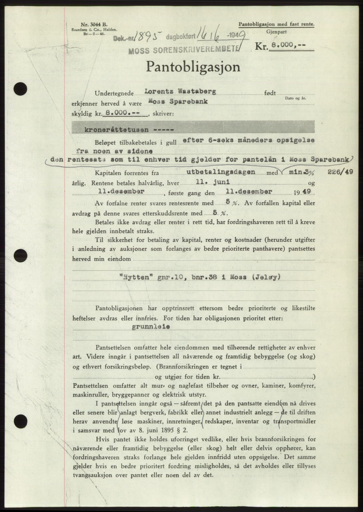 Moss sorenskriveri, SAO/A-10168: Pantebok nr. B22, 1949-1949, Dagboknr: 1895/1949