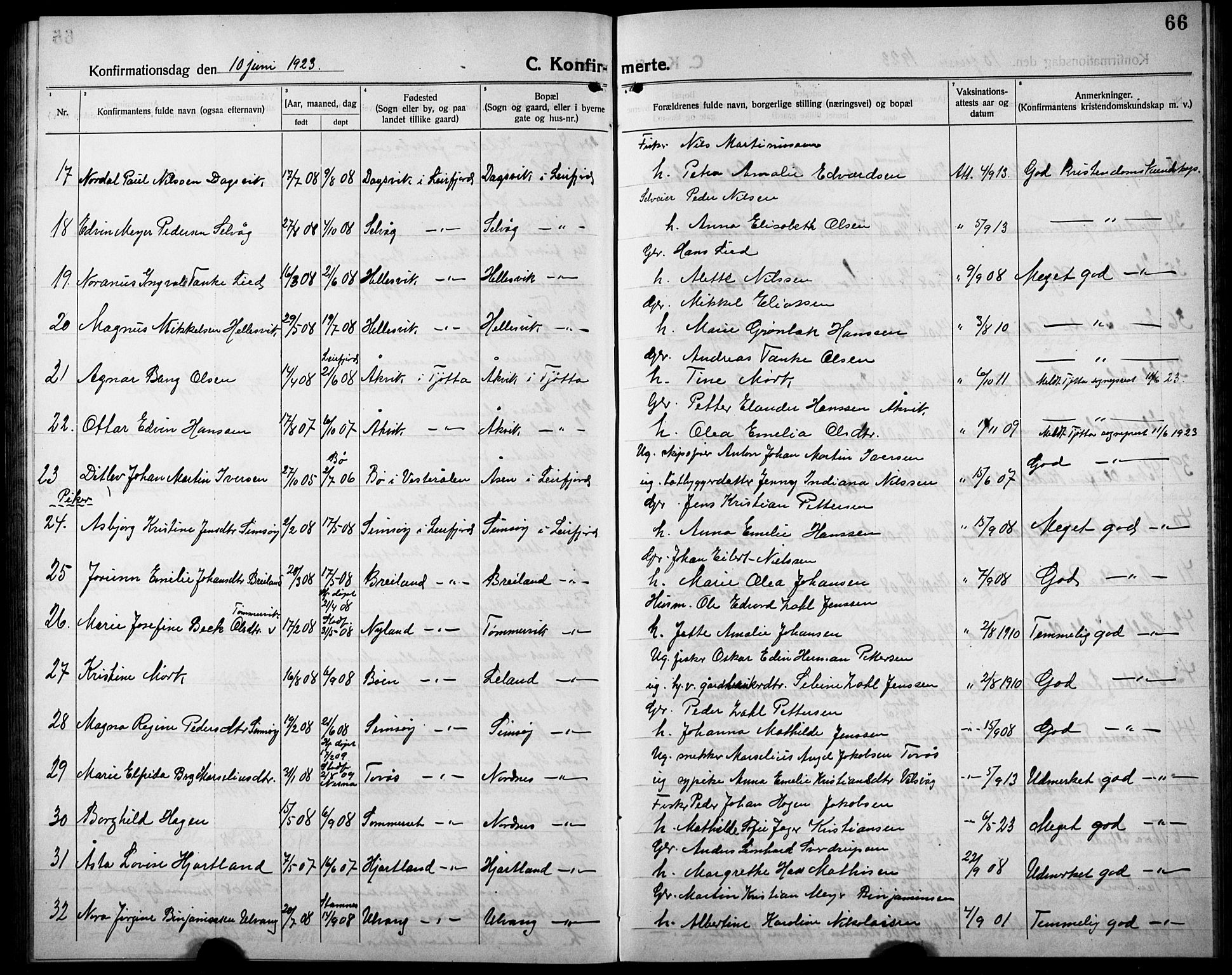 Ministerialprotokoller, klokkerbøker og fødselsregistre - Nordland, AV/SAT-A-1459/832/L0495: Klokkerbok nr. 832C02, 1920-1932, s. 66