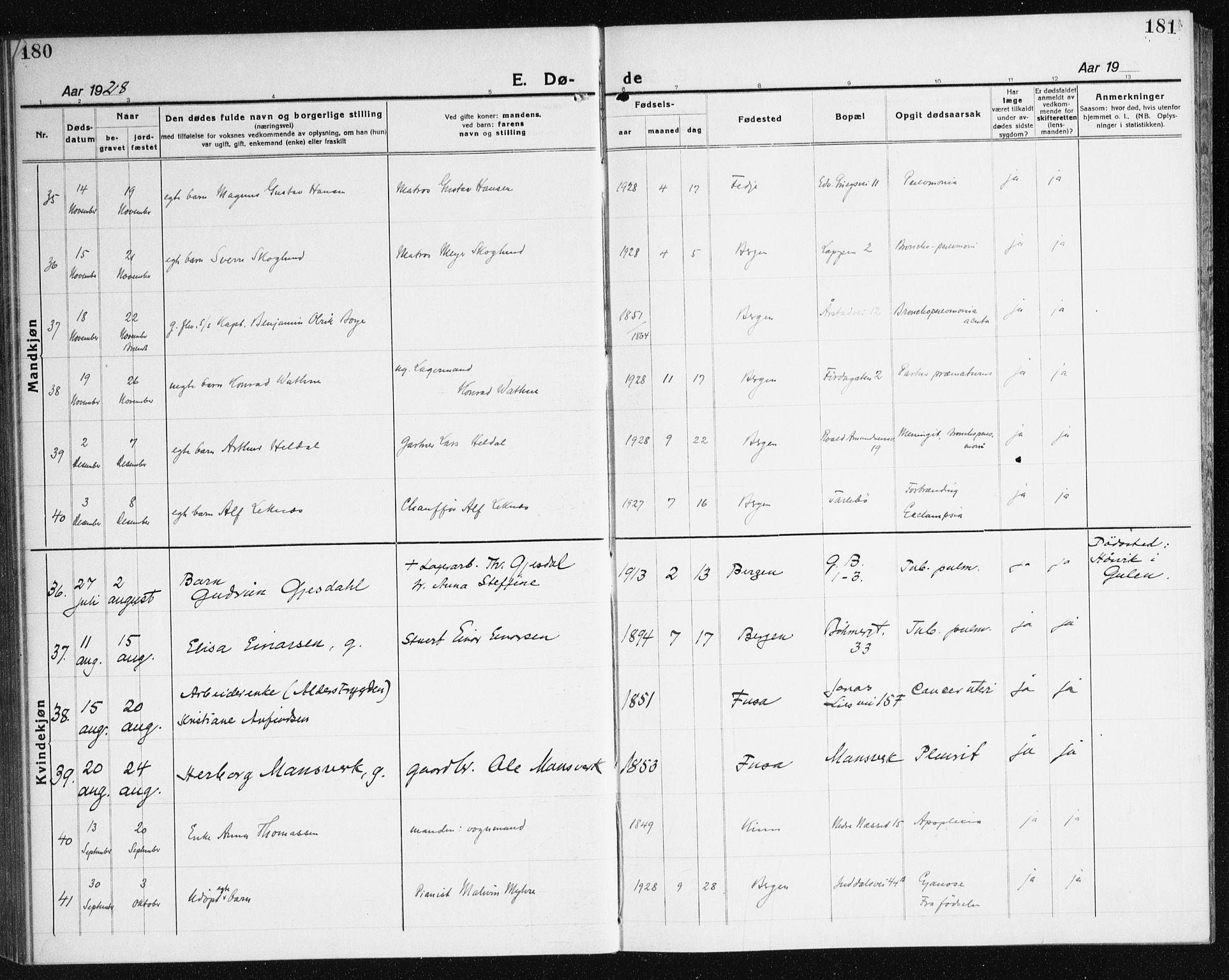 Årstad Sokneprestembete, AV/SAB-A-79301/H/Haa/L0010: Ministerialbok nr. E 1, 1921-1940, s. 180-181