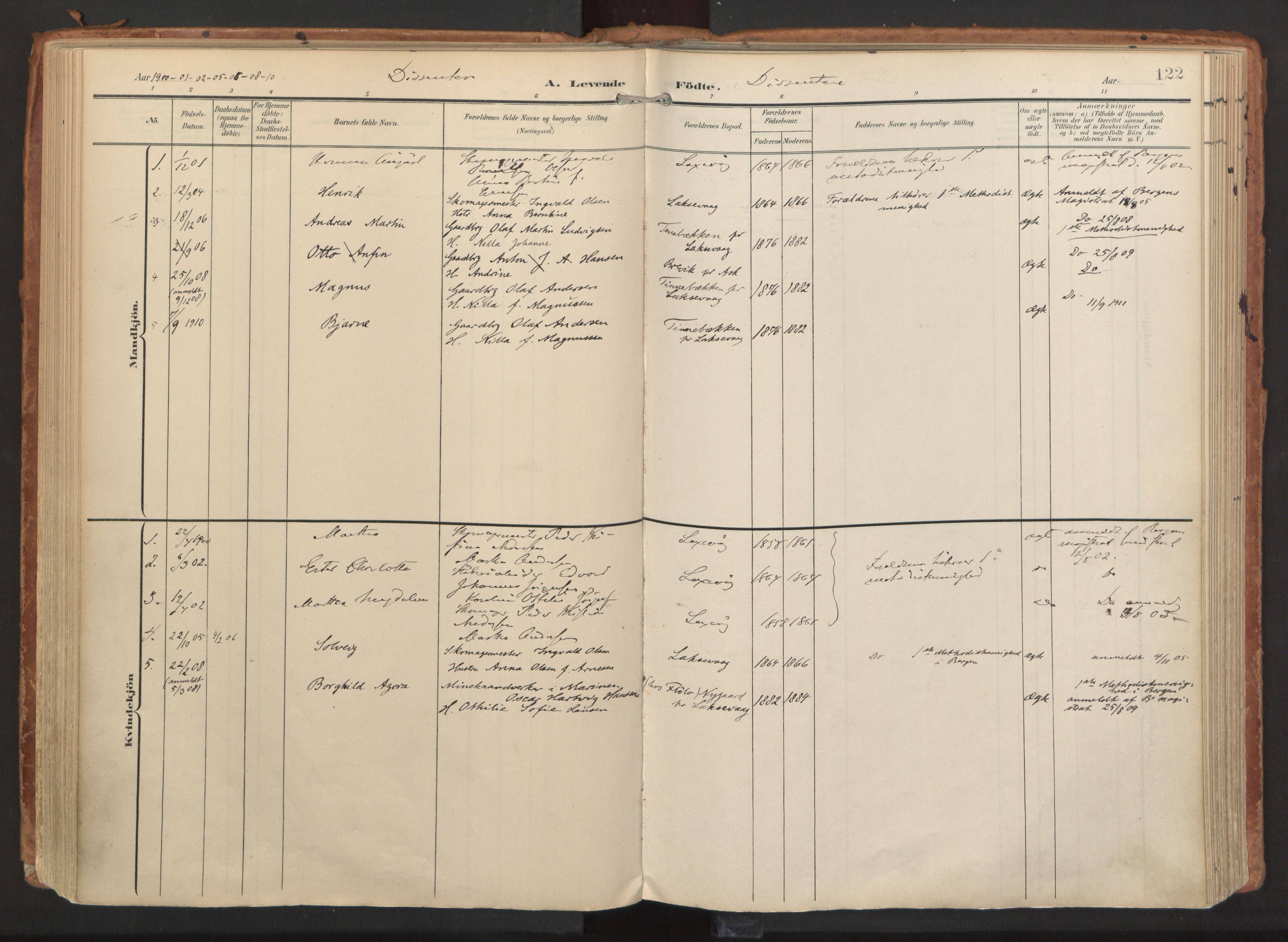 Laksevåg Sokneprestembete, AV/SAB-A-76501/H/Ha/Haa/Haaa/L0001: Ministerialbok nr. A 1, 1903-1917, s. 122