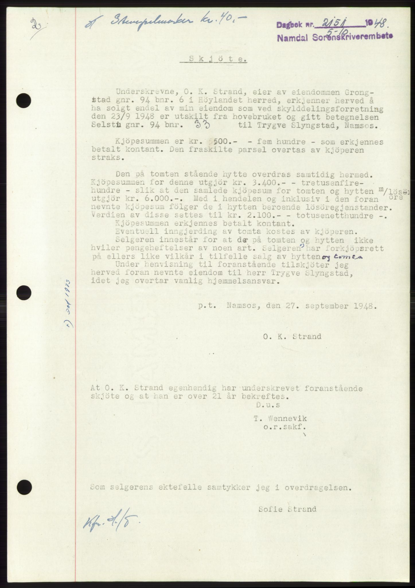 Namdal sorenskriveri, SAT/A-4133/1/2/2C: Pantebok nr. -, 1948-1948, Dagboknr: 2151/1948