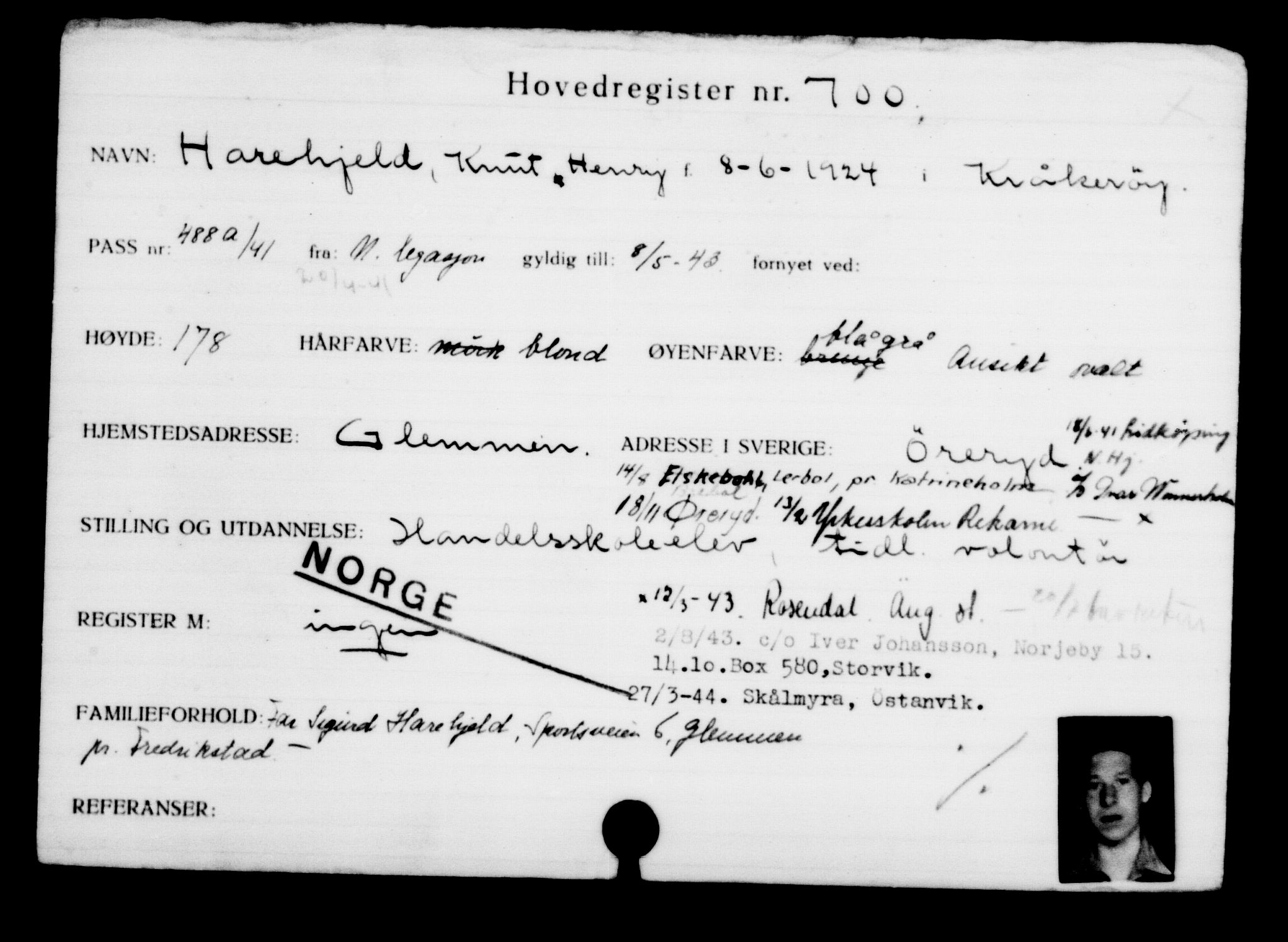 Utenriksstasjonene, Legasjonen i Stockholm, Flyktningkontoret, AV/RA-S-6753/V/Va/L0001: Kjesäterkartoteket, flyktninger med registreringsnr. 1-1000, 1940-1945, s. 1097
