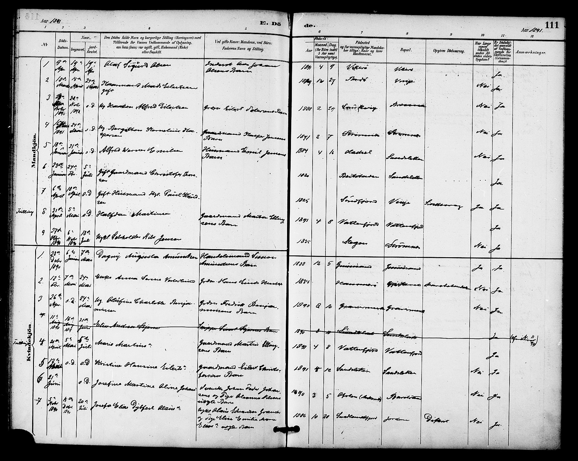 Ministerialprotokoller, klokkerbøker og fødselsregistre - Nordland, SAT/A-1459/876/L1097: Ministerialbok nr. 876A03, 1886-1896, s. 111