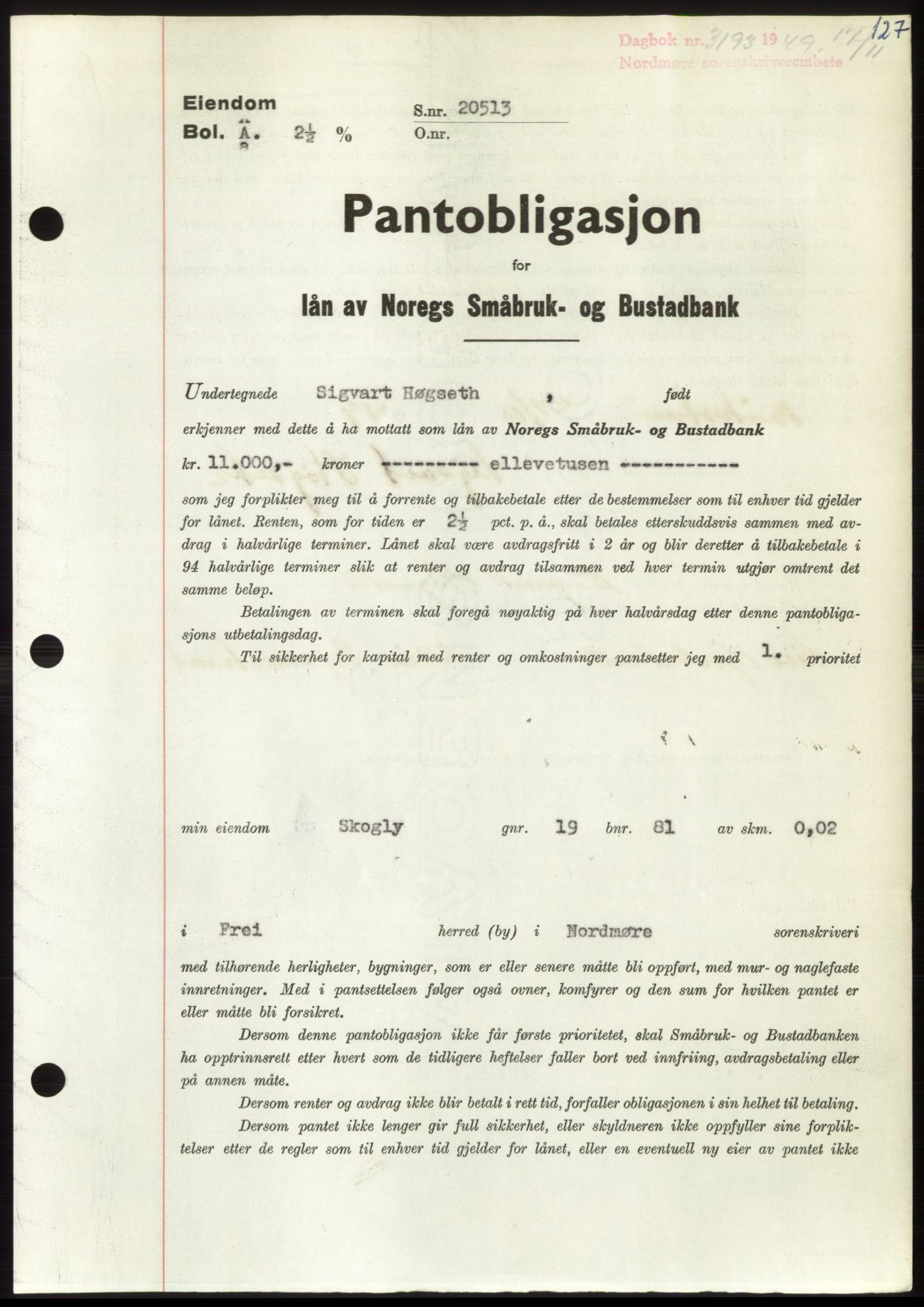 Nordmøre sorenskriveri, AV/SAT-A-4132/1/2/2Ca: Pantebok nr. B103, 1949-1950, Dagboknr: 3193/1949