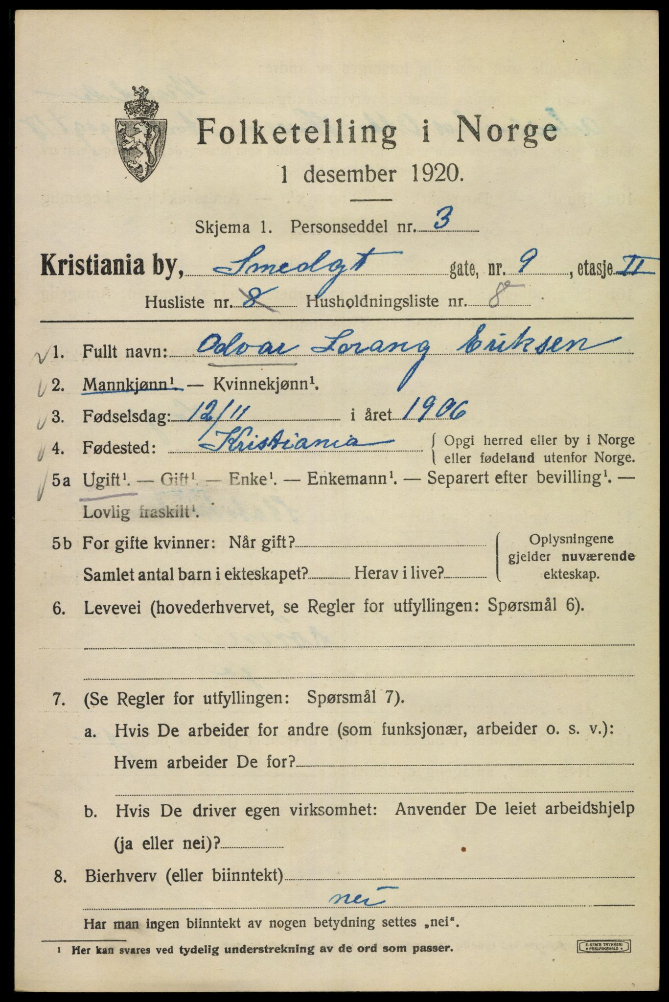 SAO, Folketelling 1920 for 0301 Kristiania kjøpstad, 1920, s. 519809