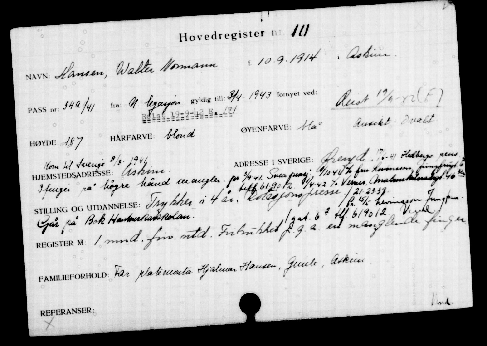Utenriksstasjonene, Legasjonen i Stockholm, Flyktningkontoret, AV/RA-S-6753/V/Va/L0001: Kjesäterkartoteket, flyktninger med registreringsnr. 1-1000, 1940-1945, s. 184