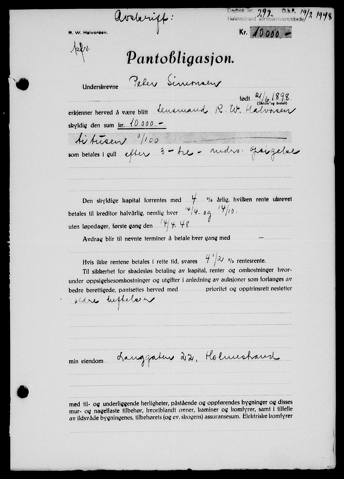 Holmestrand sorenskriveri, SAKO/A-67/G/Ga/Gab/L0058: Pantebok nr. B-58, 1947-1948, Dagboknr: 292/1948