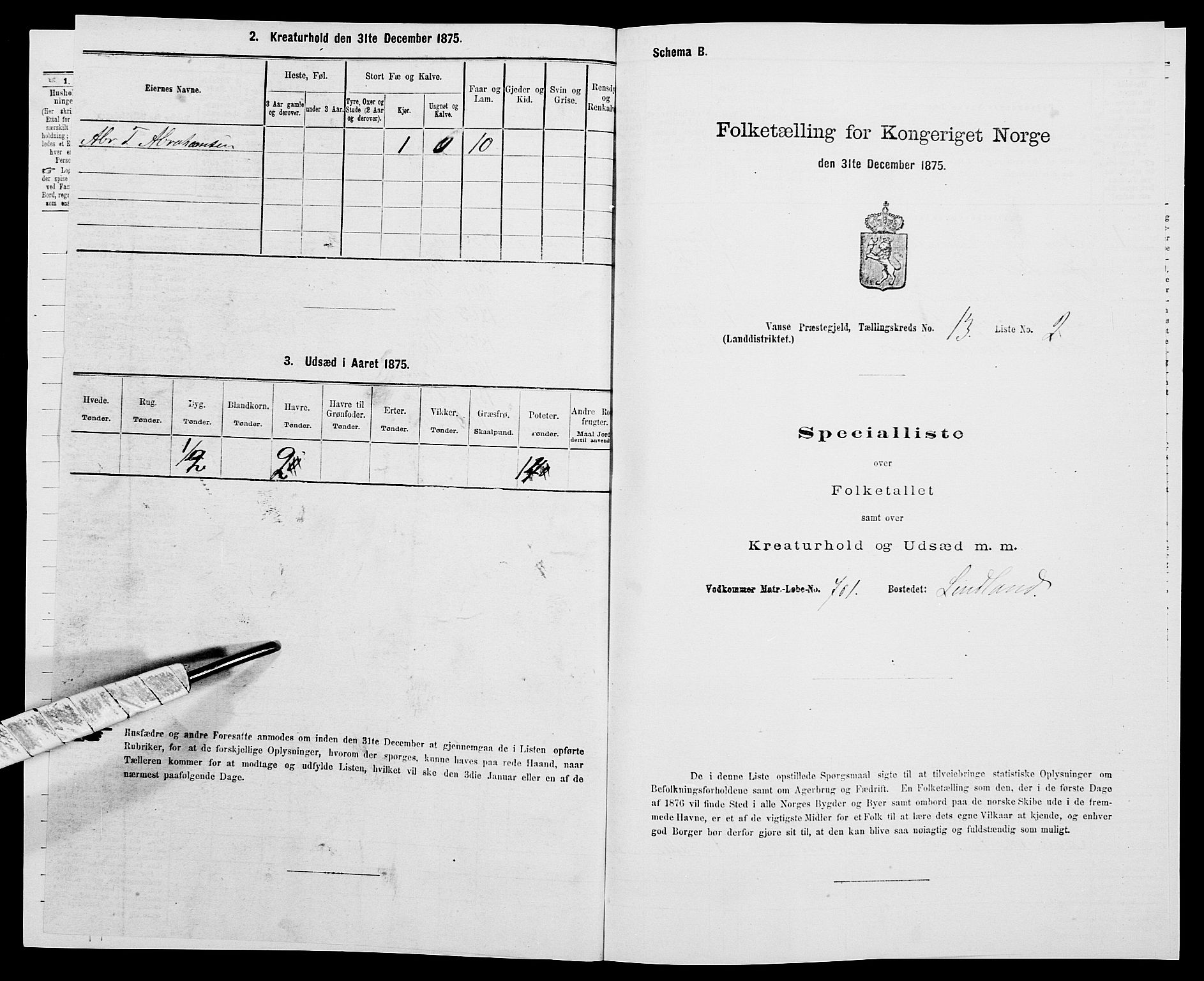 SAK, Folketelling 1875 for 1041L Vanse prestegjeld, Vanse sokn og Farsund landsokn, 1875, s. 2381