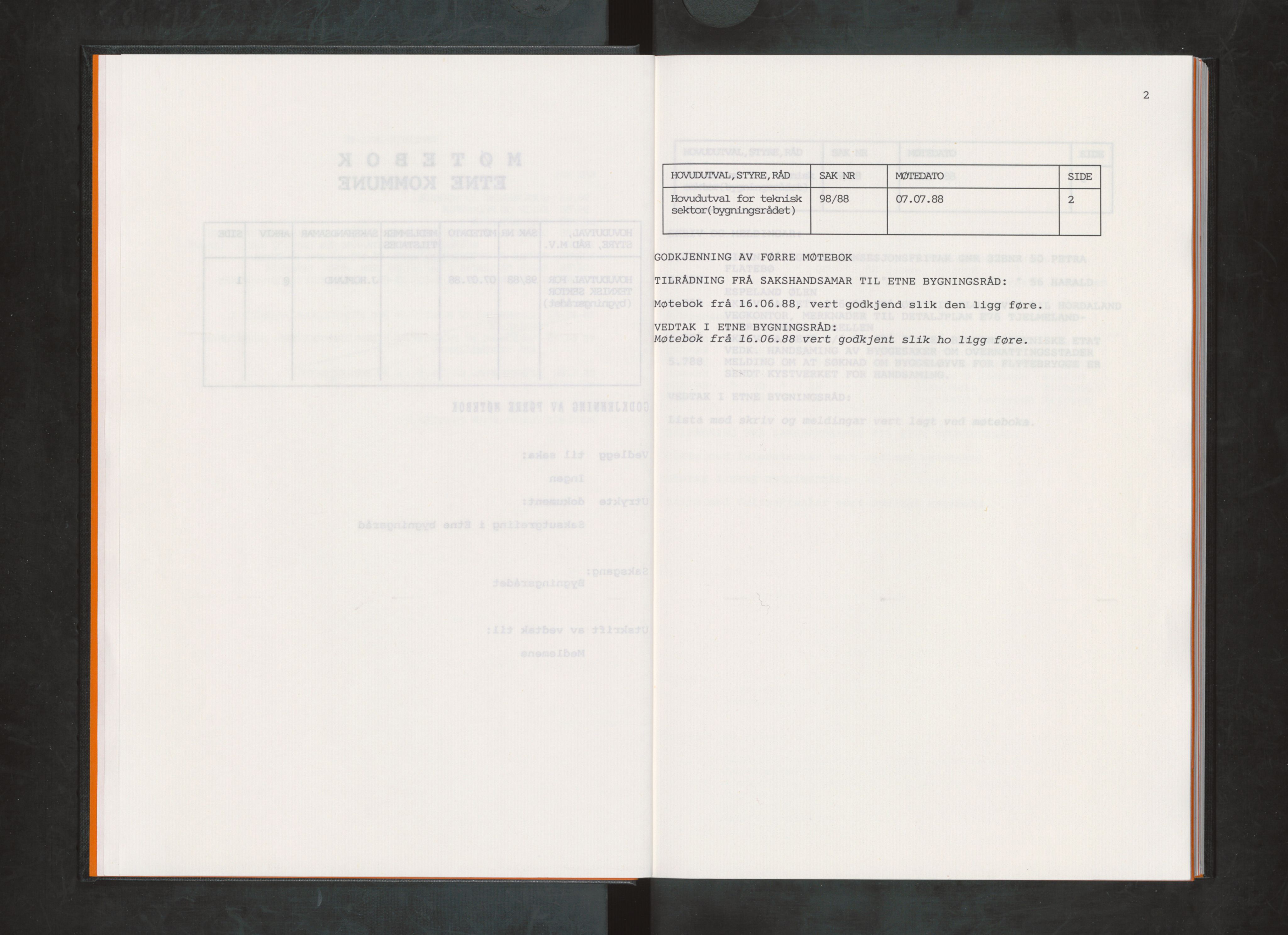 Etne kommune. Bygningsrådet, IKAH/1211-511/A/Aa/L0040: Møtebok Etne bygningsråd II, 1988