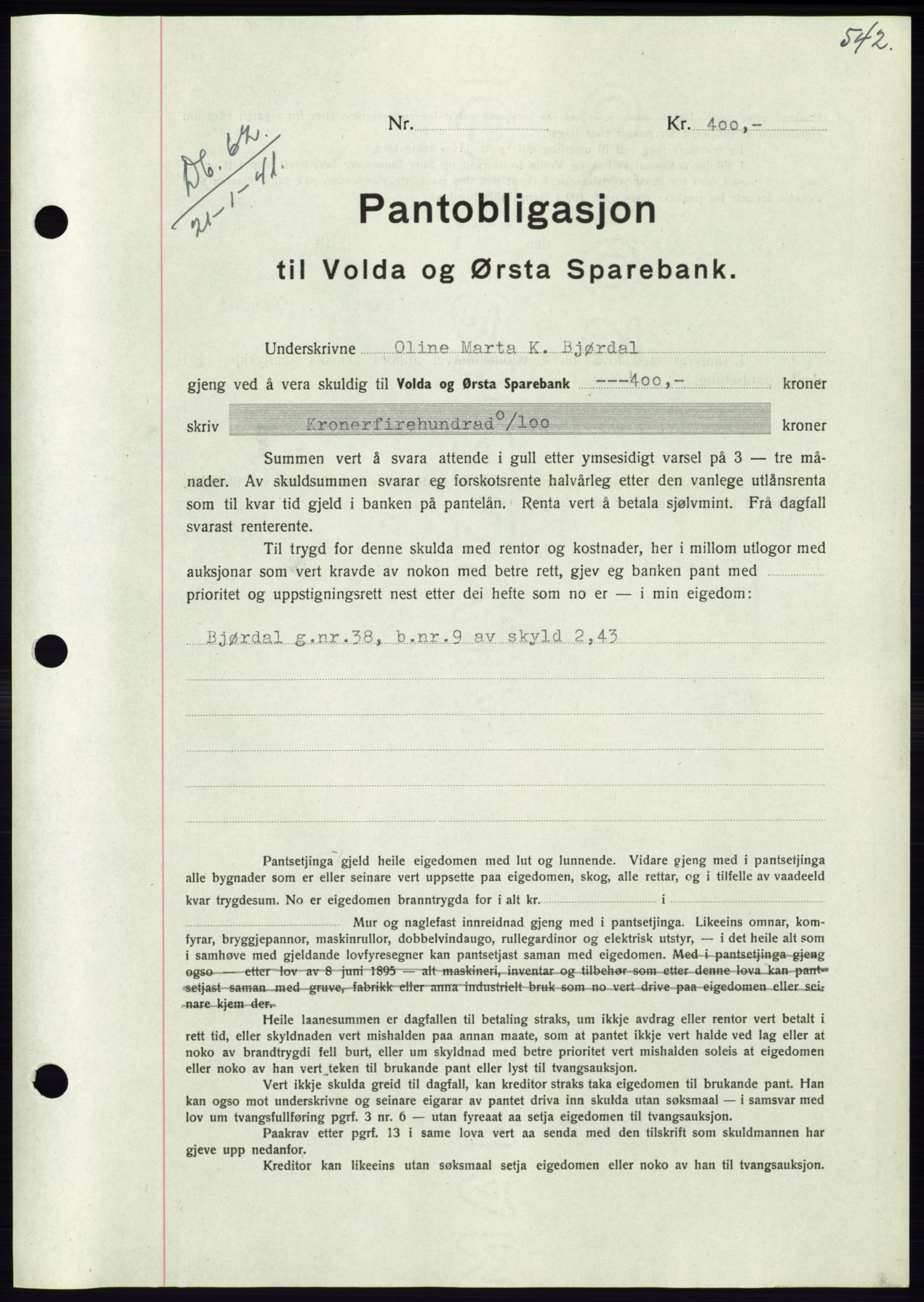 Søre Sunnmøre sorenskriveri, SAT/A-4122/1/2/2C/L0070: Pantebok nr. 64, 1940-1941, Dagboknr: 62/1941