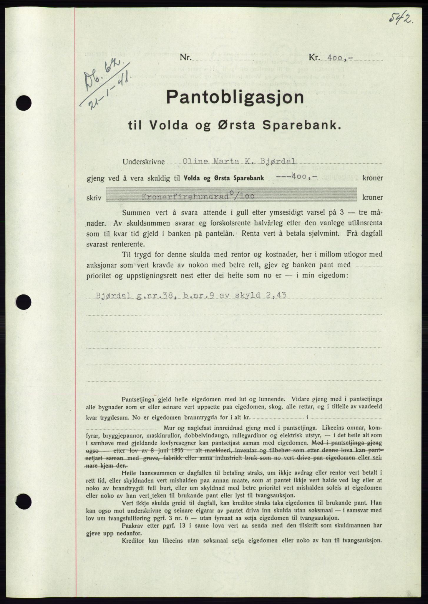 Søre Sunnmøre sorenskriveri, AV/SAT-A-4122/1/2/2C/L0070: Pantebok nr. 64, 1940-1941, Dagboknr: 62/1941