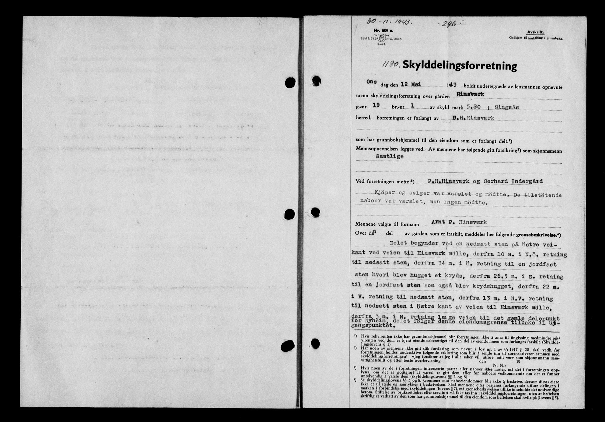 Gauldal sorenskriveri, SAT/A-0014/1/2/2C/L0057: Pantebok nr. 62, 1943-1944, Dagboknr: 1180/1943